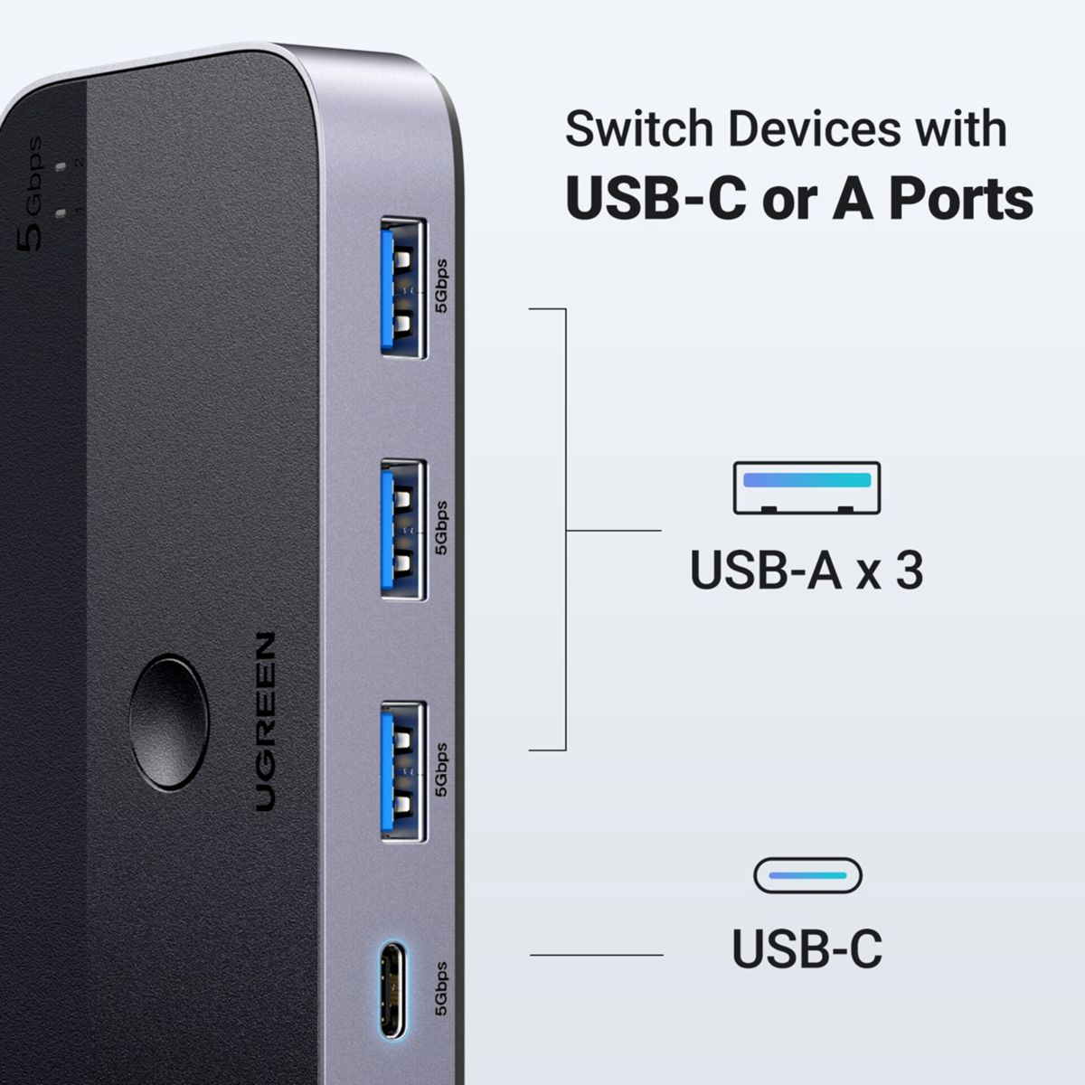Czarny i szary hub USB UGREEN z wieloma portami USB-A i USB-C. Widok z bliska.