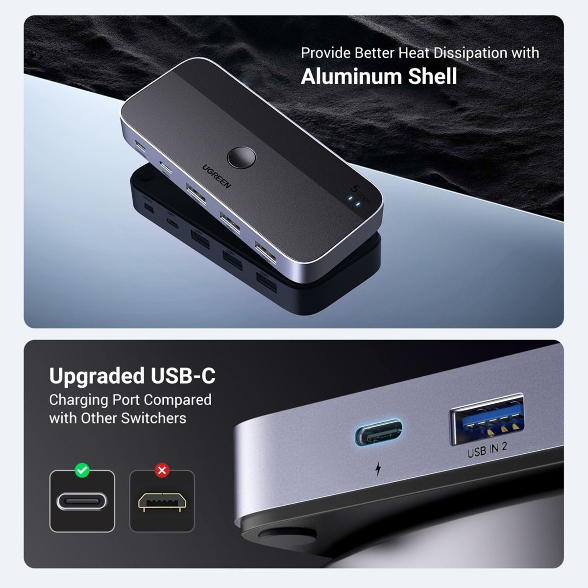 Czarny i srebrny hub USB-C. Posiada porty USB i port ładowania. Tło jest ciemne.