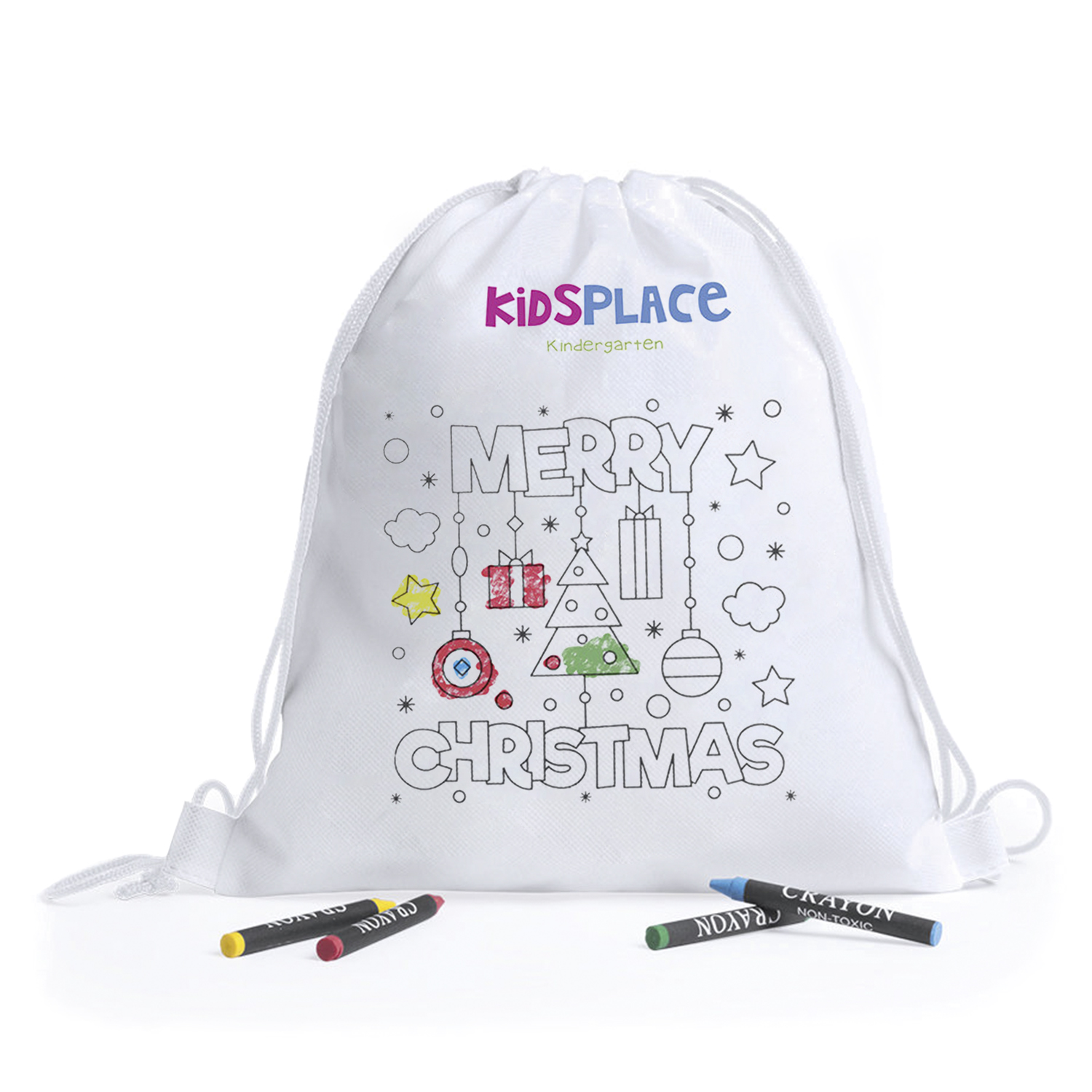 Borsa bianca con coulisse e design natalizio, sotto pastelli. Testo: 'MERRY CHRISTMAS'.