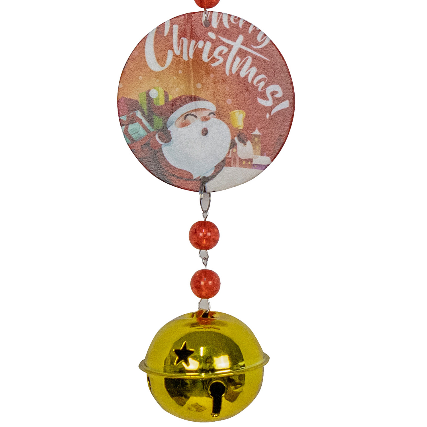 Weihnachtsglocken-Ornament mit Santa Claus Bild und roten Perlen.