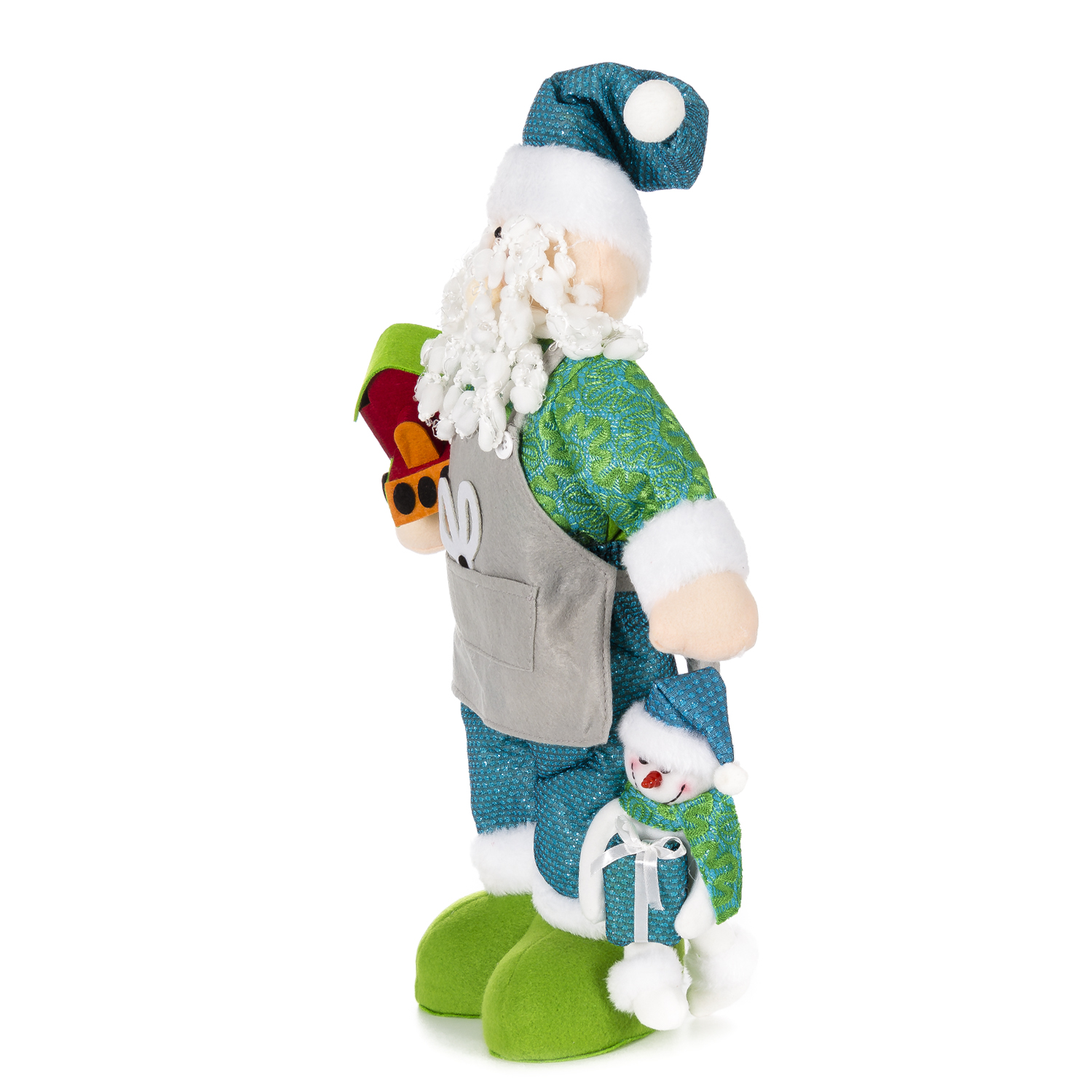 Bambola di Babbo Natale, che tiene in mano un pupazzo di neve. Abito verde e turchese, grembiule grigio, barba bianca.