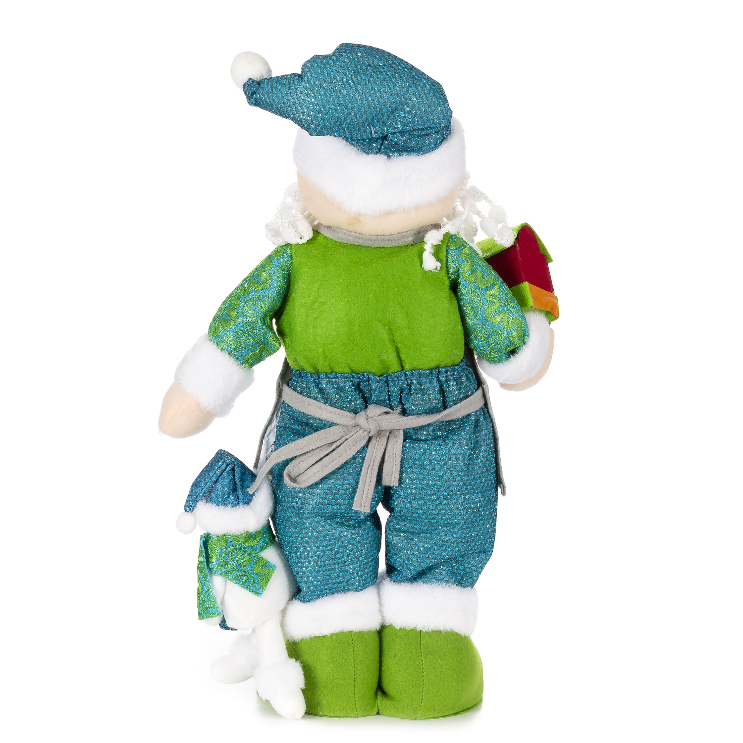Bambola elfo natalizio in verde acqua e verde, con cappello abbinato, che tiene un regalo.