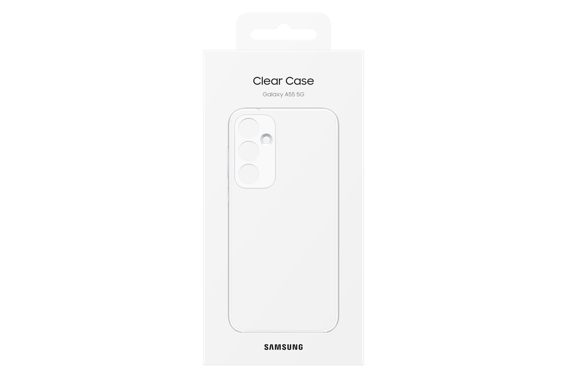 Caja blanca para una funda de teléfono, con las palabras 'Clear Case' y un contorno de teléfono.