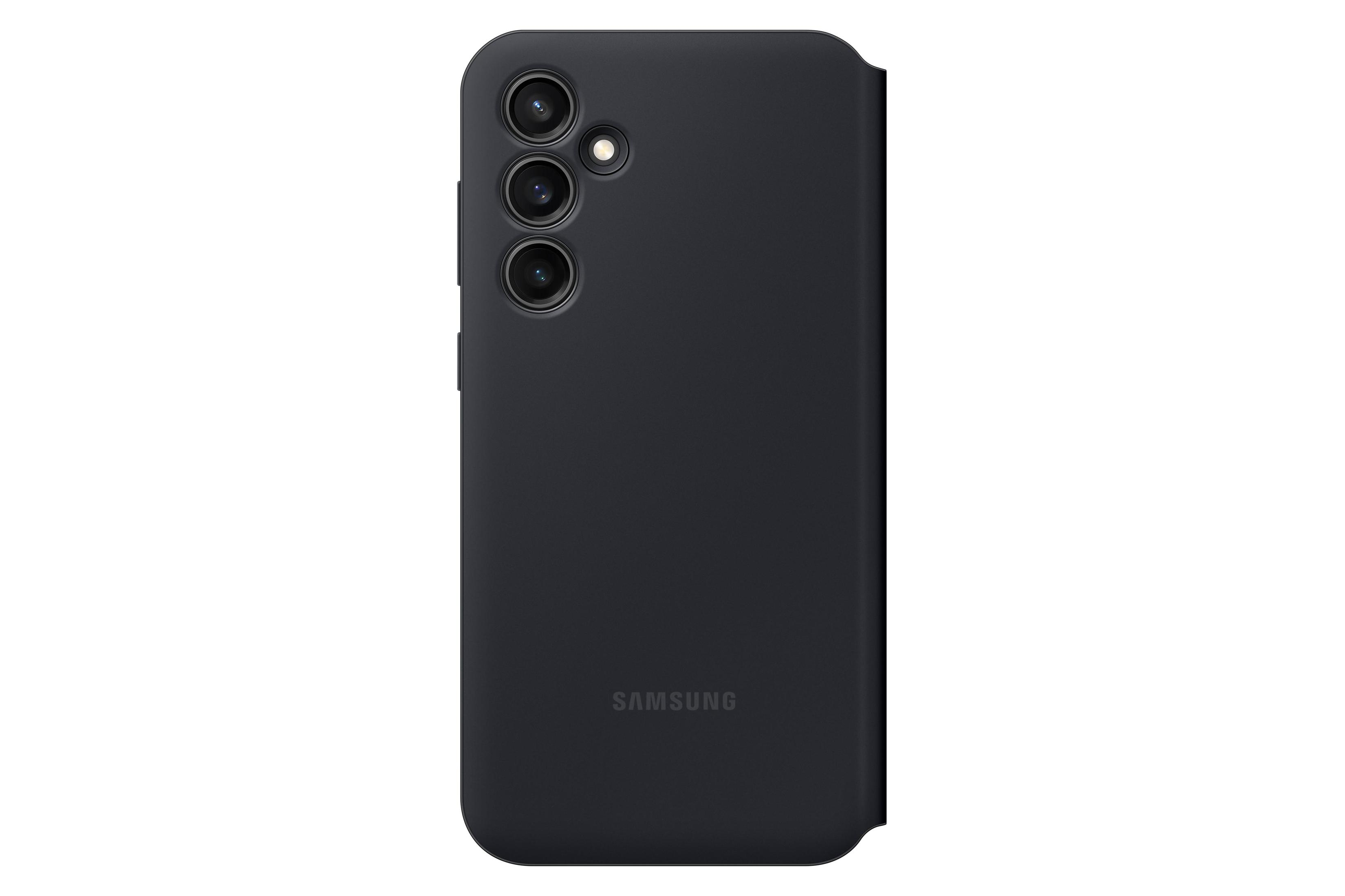 Una custodia per telefono nera con tre obiettivi della fotocamera.