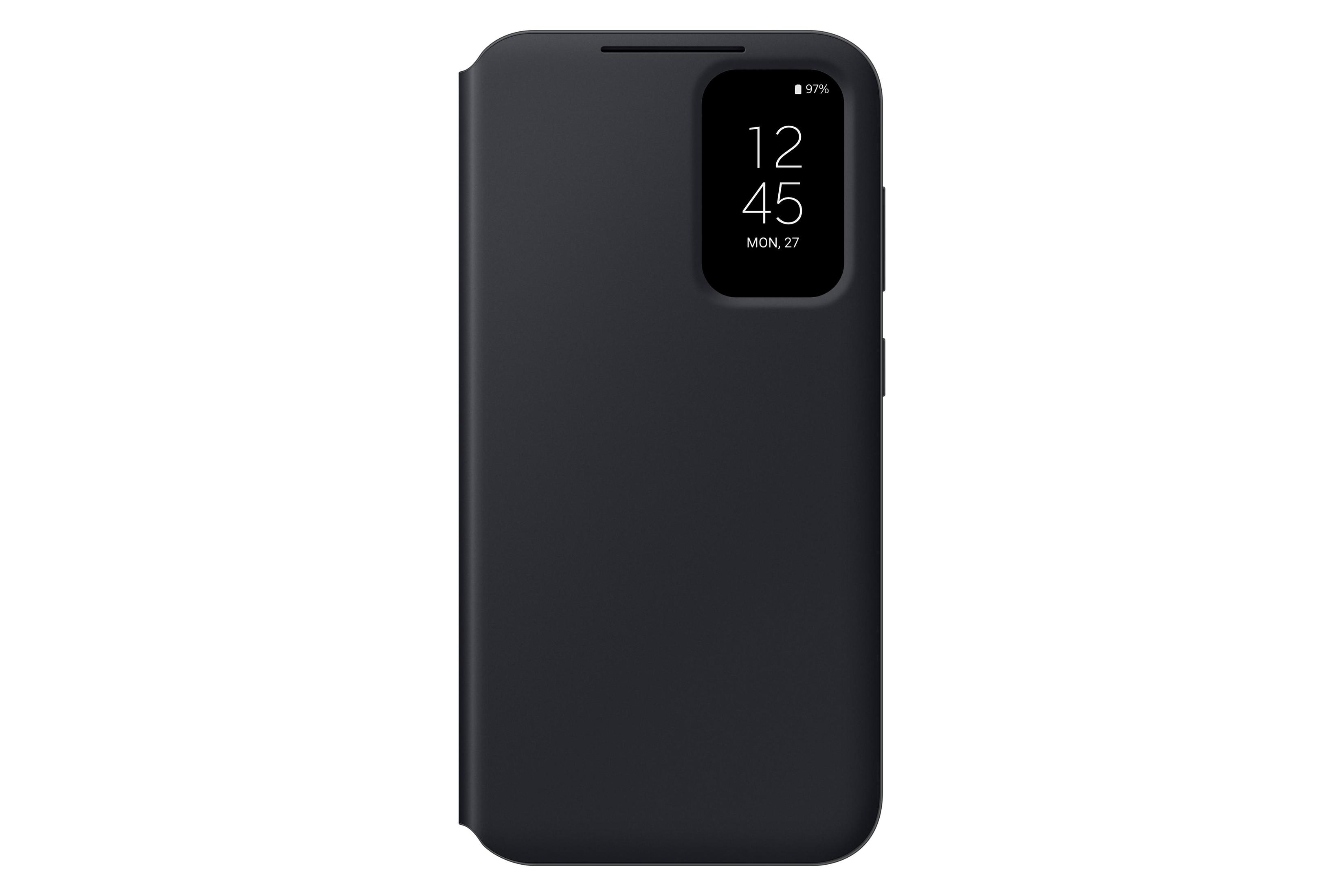 Custodia per telefono nera con display che mostra l'ora e la percentuale della batteria.