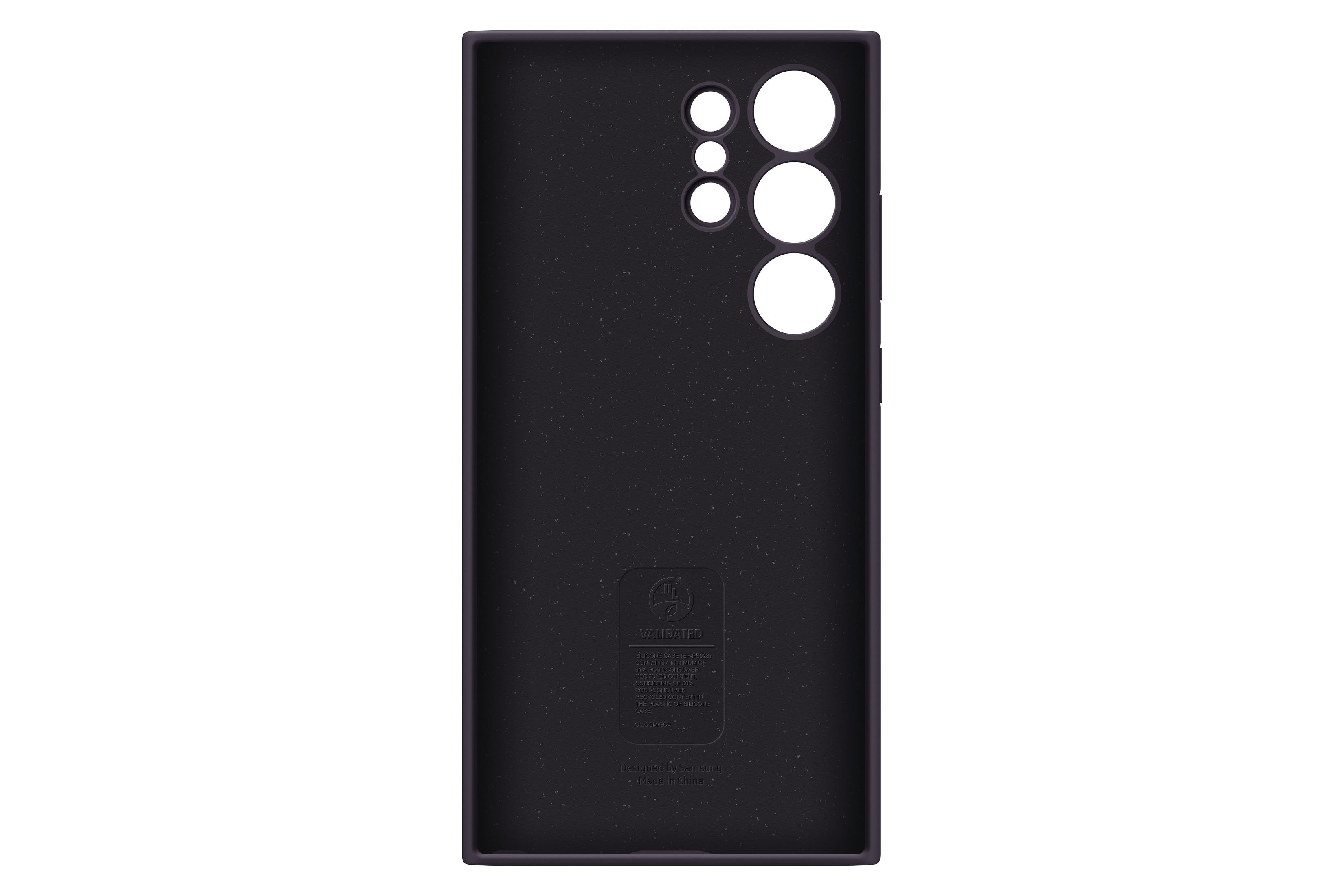 Zwarte telefoonhoes met drie camera-uitsparingen. De binnenkant toont een kleine tekst en logo.
