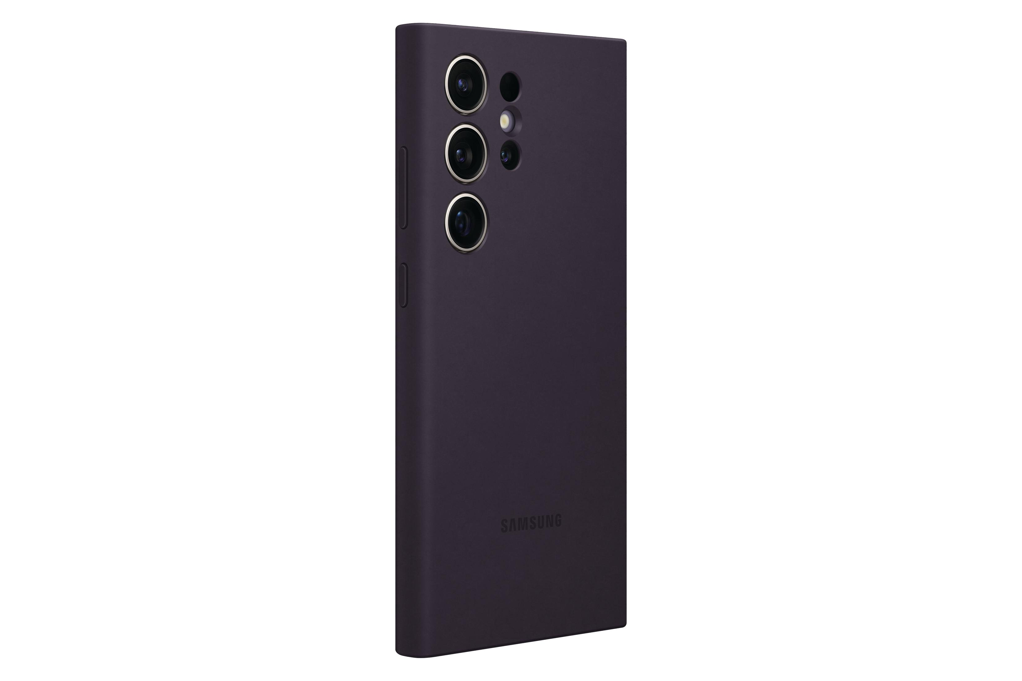 Paarse telefoonhoes met drie cameralenzen en het Samsung-logo op wit.