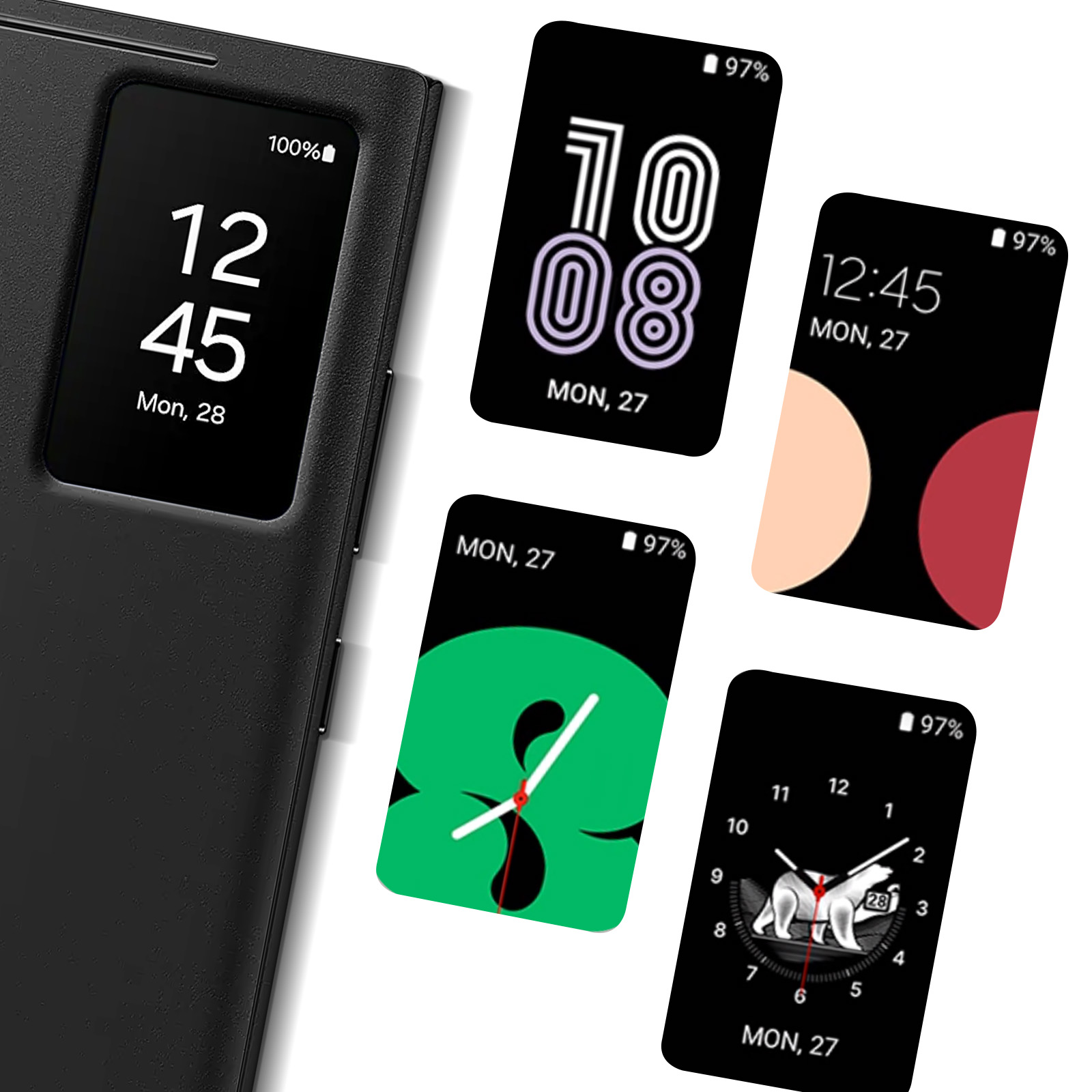 Una custodia nera che mostra più quadranti con ora e batteria.