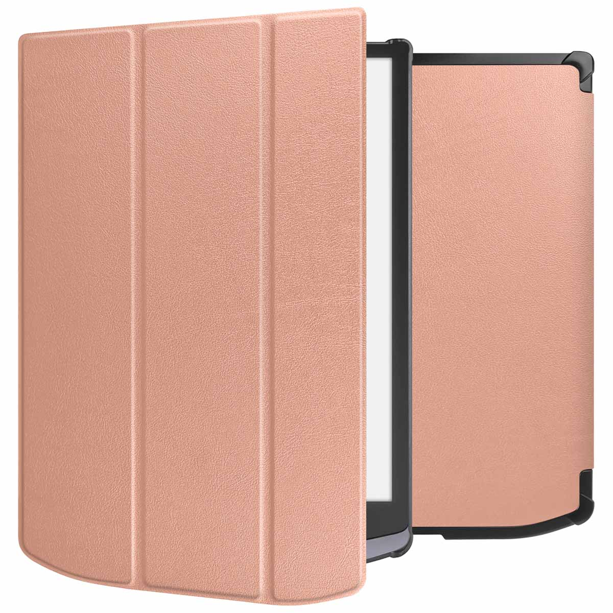 Un étui de liseuse rose gold, ouvert pour montrer l'appareil. L'étui a une finition texturée.