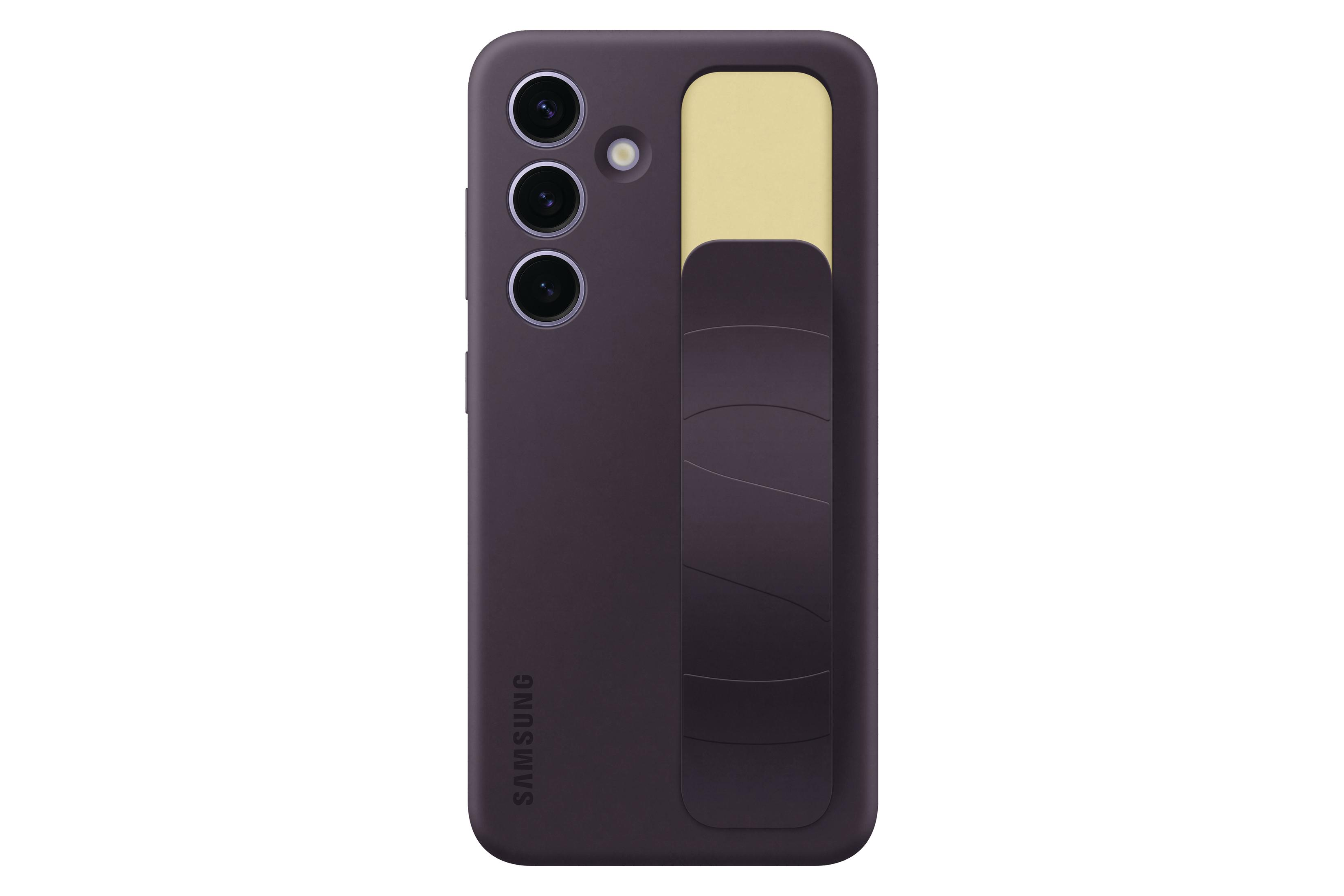 Paarse telefoon met een donkerpaarse hoes en een lichtgele handgreep.