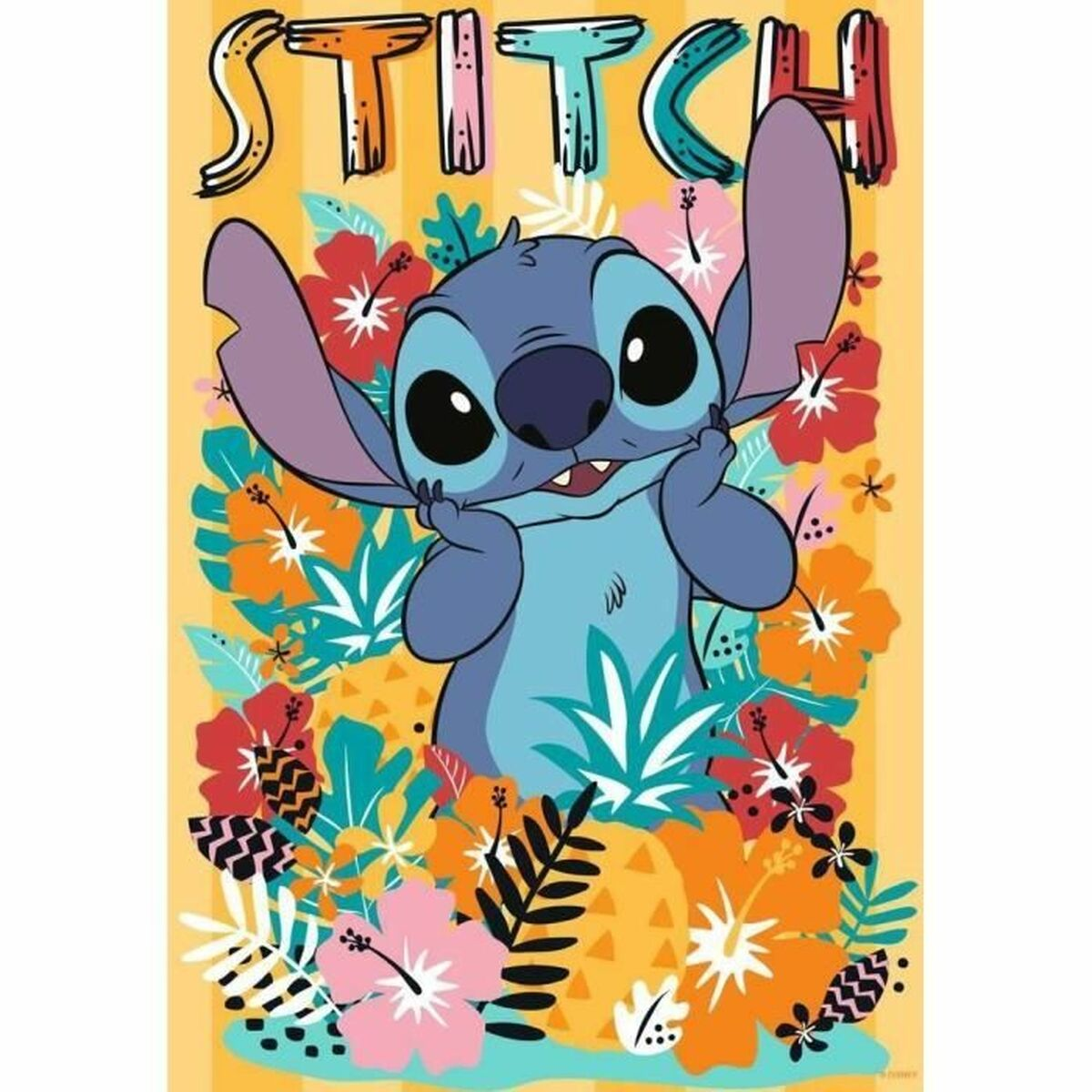 Postać z kreskówki Stitch z dużymi uszami i rękami na twarzy, otoczona kolorowymi kwiatami.