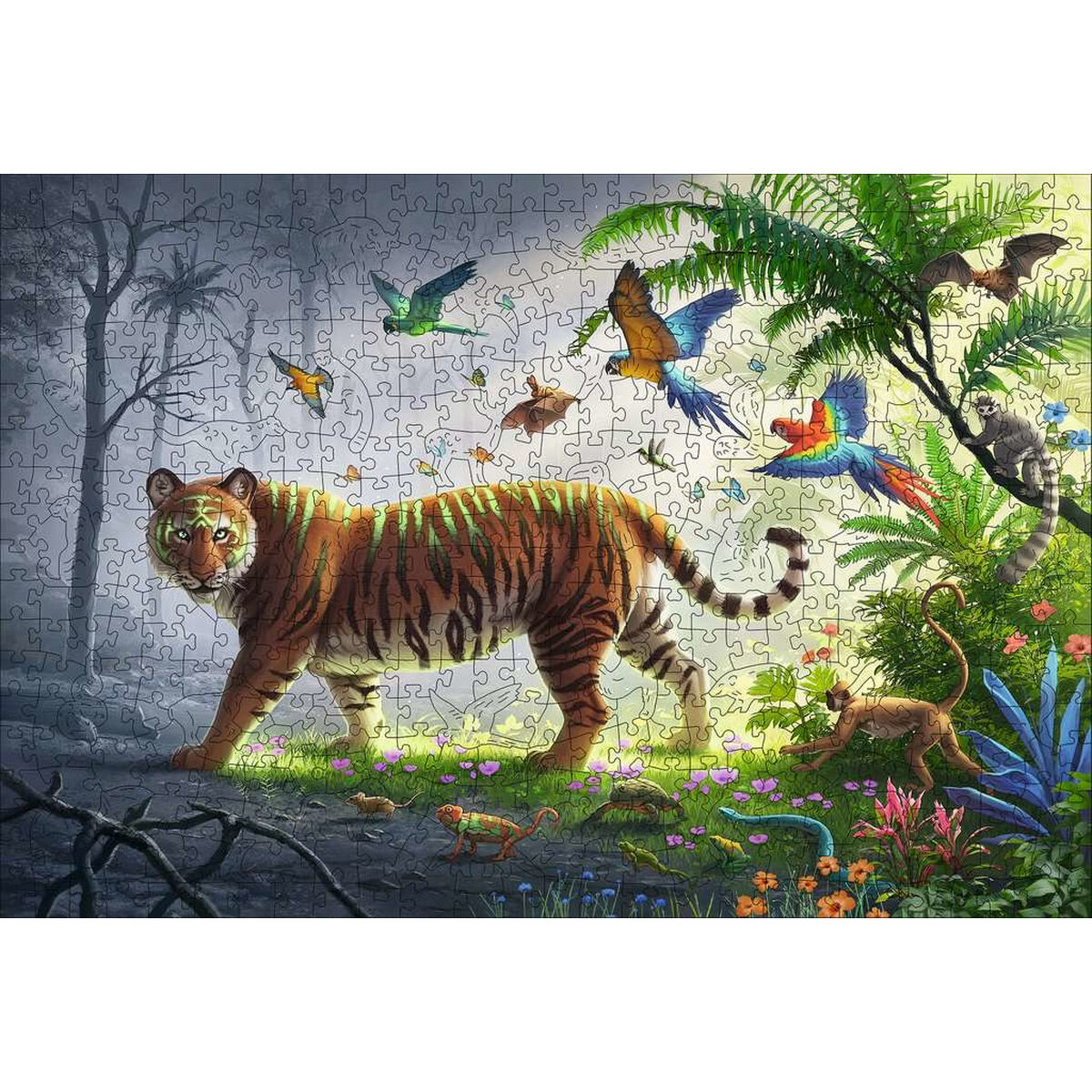 Puzzle z tygrysem spacerującym w dżungli z różnymi zwierzętami i roślinami.