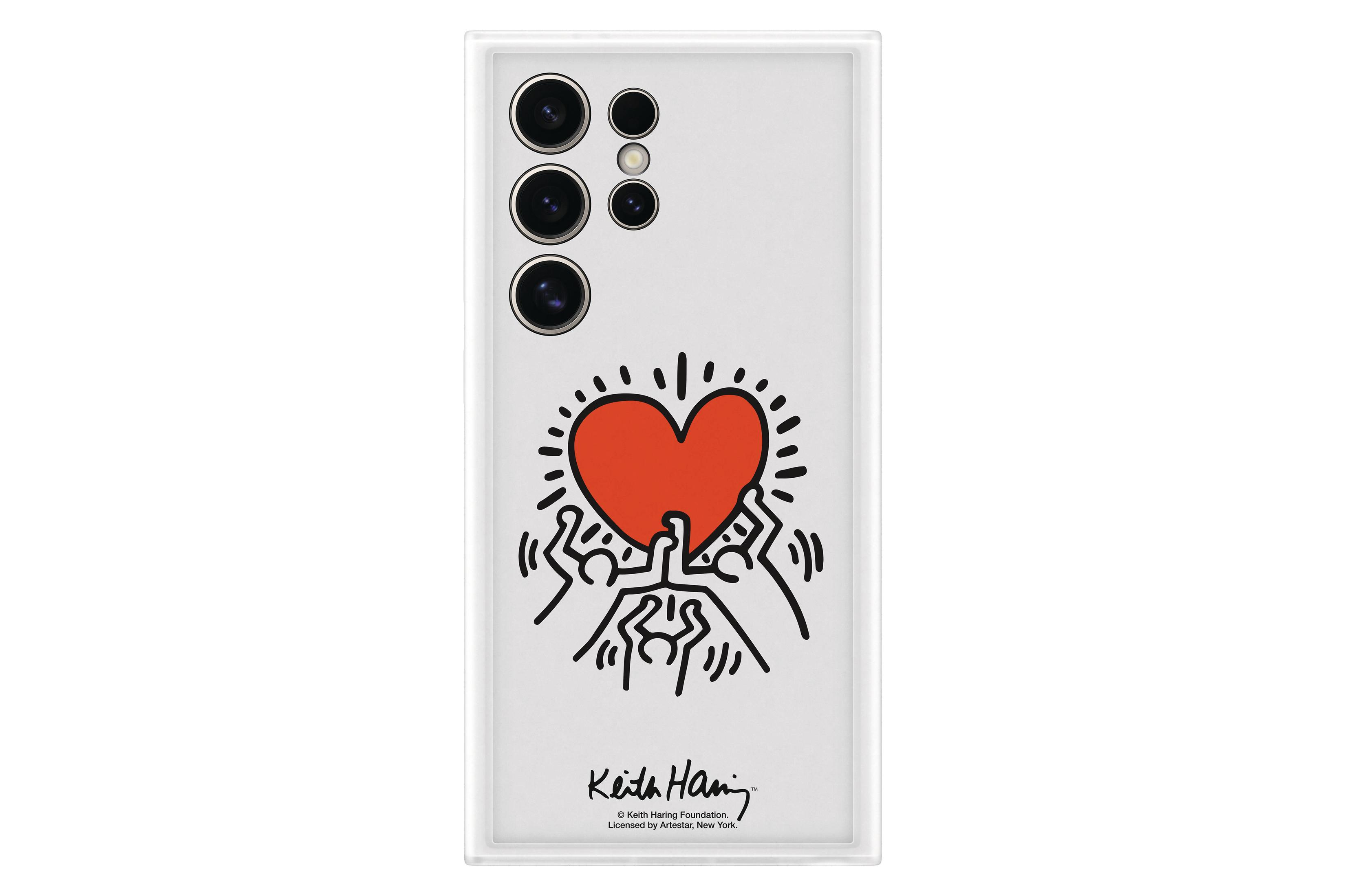Funda blanca para teléfono con diseño de corazón de Keith Haring. Teléfono no incluido. Fondo blanco.