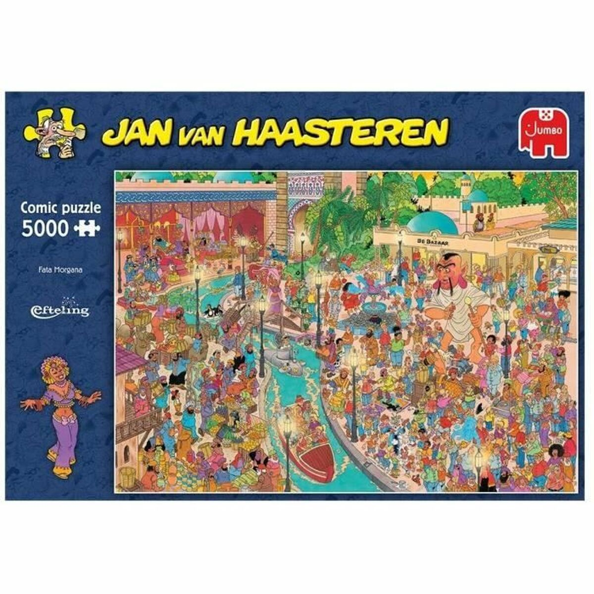 Puzzledose mit einer belebten Straßenszene, einschließlich Booten und einem Basar, mit vielen Figuren.