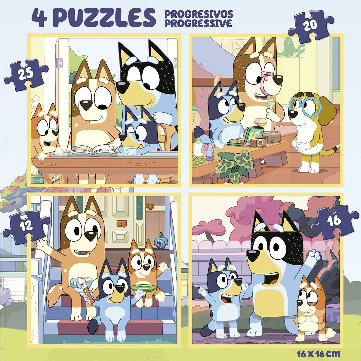 Cztery puzzle z kreskówkami Bluey w różnych scenach, z Bluey i rodziną w różnych czynnościach.