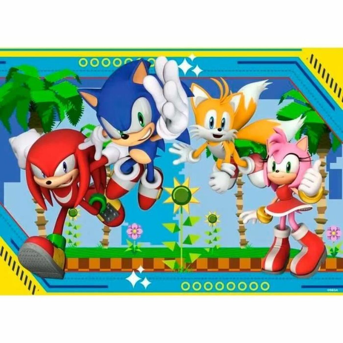 Sonic the Hedgehog en vrienden stripfiguren in een kleurrijke scène.