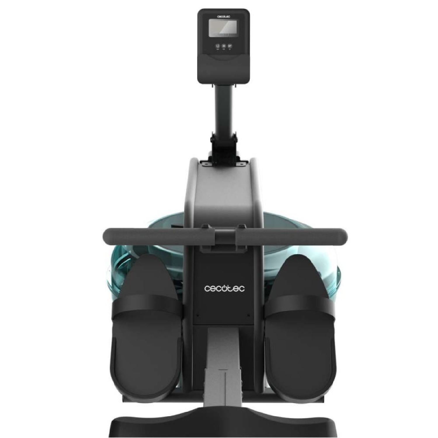 Macchina per il canottaggio, nera con serbatoio dell'acqua turchese e display digitale su braccio verticale.