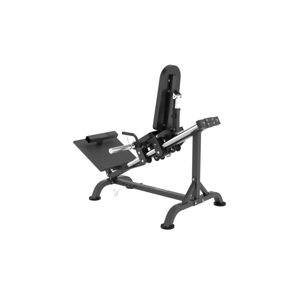 Een zwart-grijze beenpersmachine, met een zitting en een voetplatform.