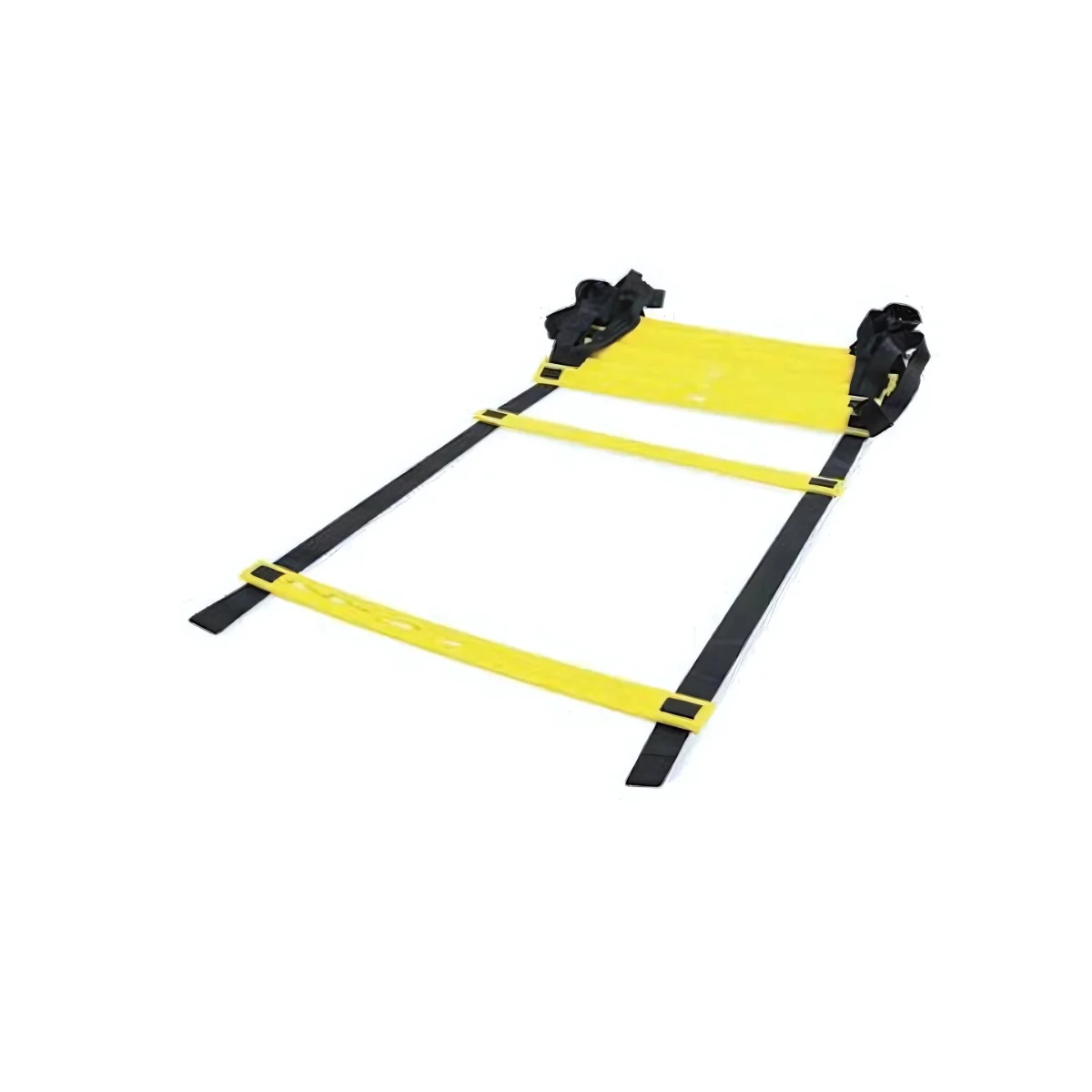 Échelle d'agilité jaune et noire posée sur une surface blanche.
