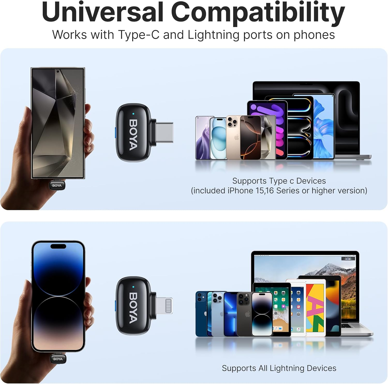 Dos imágenes que muestran un pequeño dispositivo con puertos Type-C y Lightning, compatible con varios teléfonos y laptops.