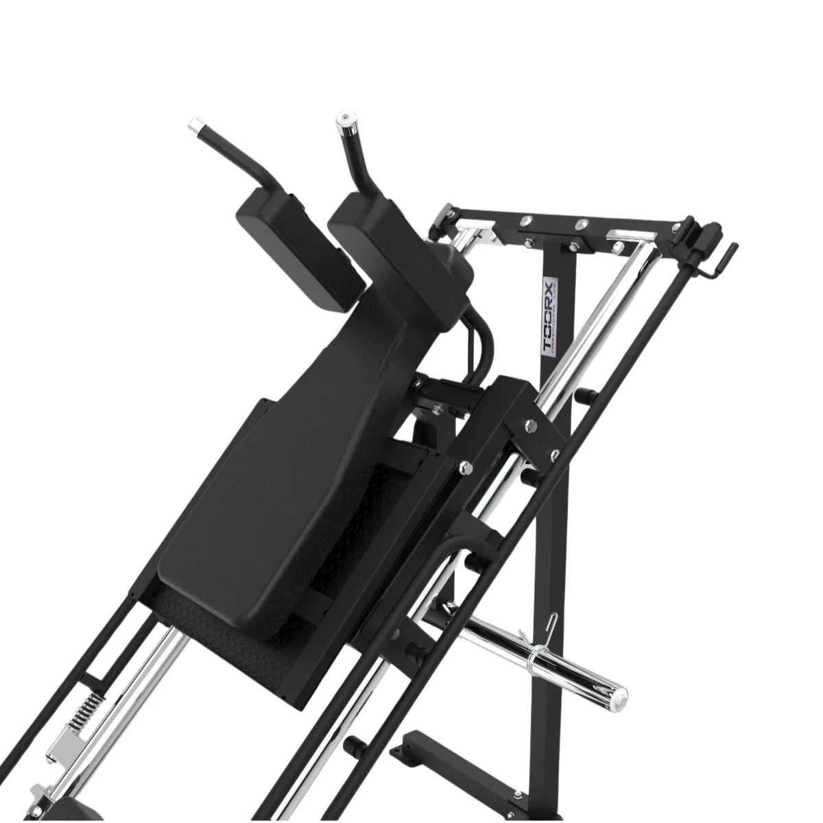 Machine d'entraînement de musculation noire. Elle est pour les exercices de jambes et sur fond blanc.