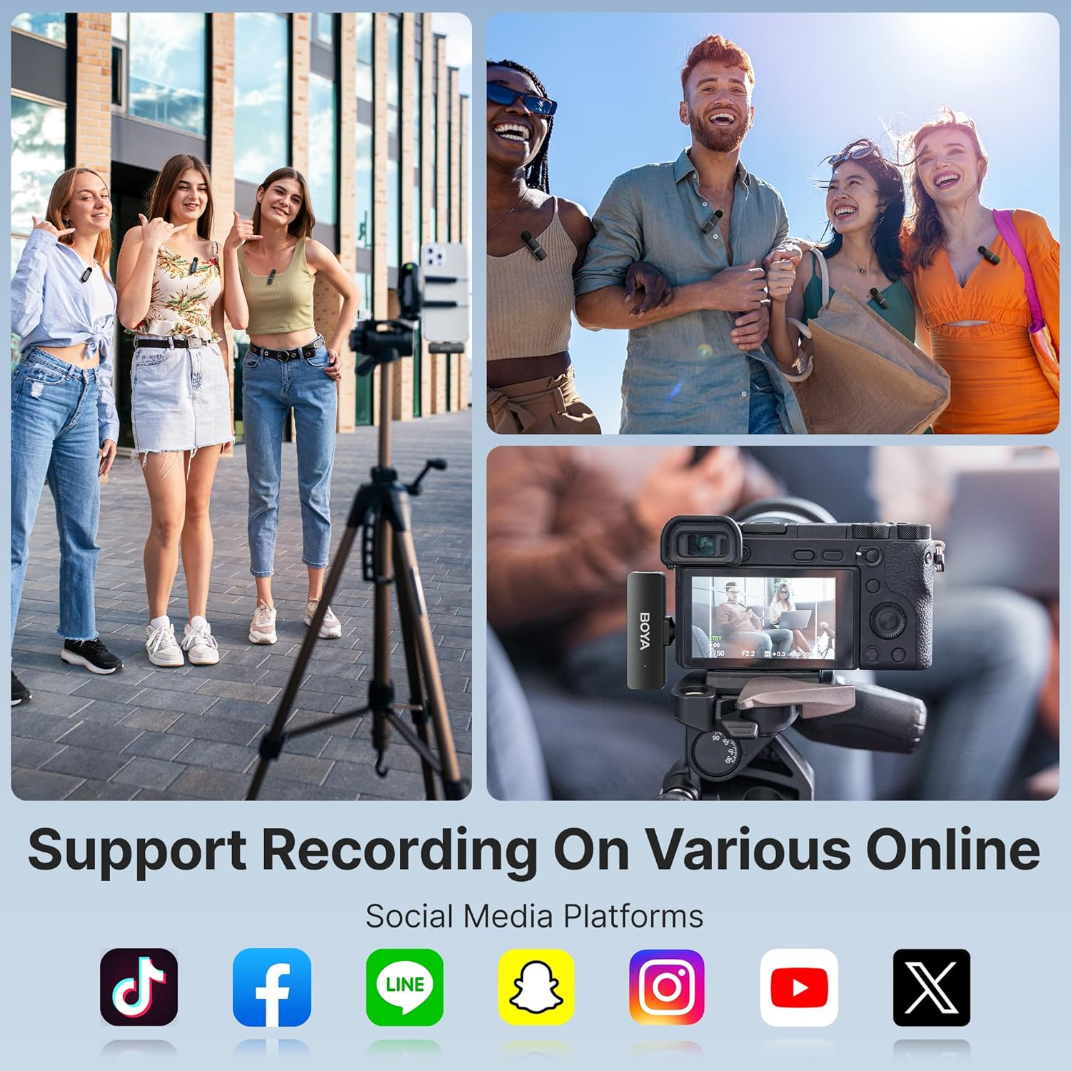 Gruppo di persone che registrano video. Include fotocamera, microfoni e icone dei social media.