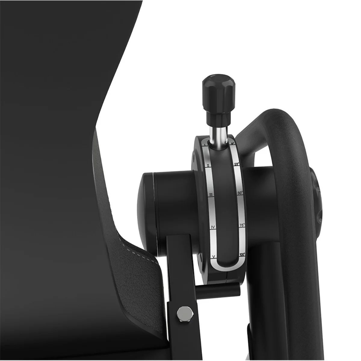 Close-up of a black mechanism with numbers. The black frame shows the degrees.