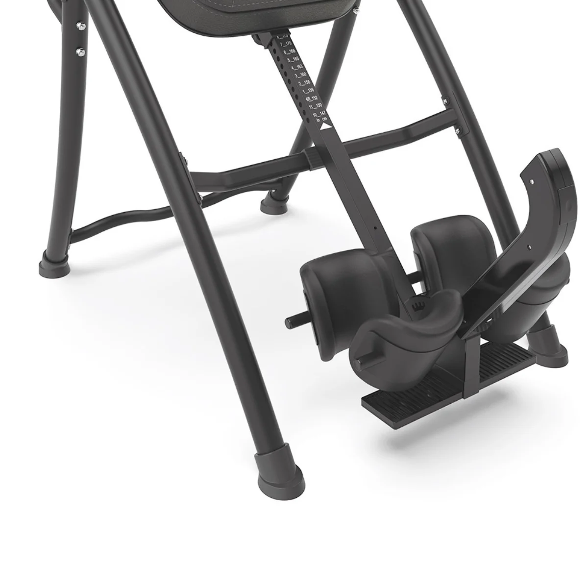 Inversion table, black frame, black padding. Legs and foot supports. White background.