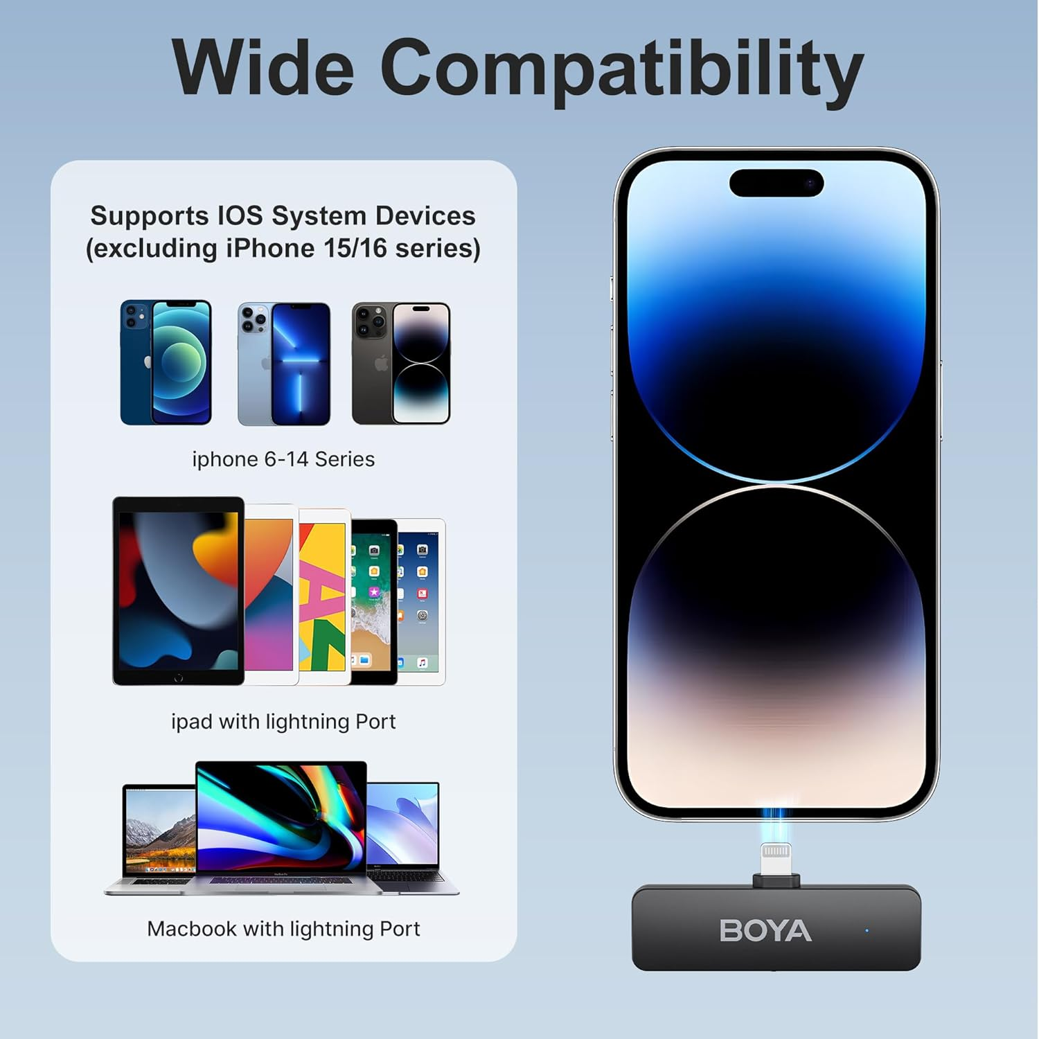 L'immagine mostra uno smartphone e vari altri dispositivi con un adattatore BOYA collegato a uno smartphone.