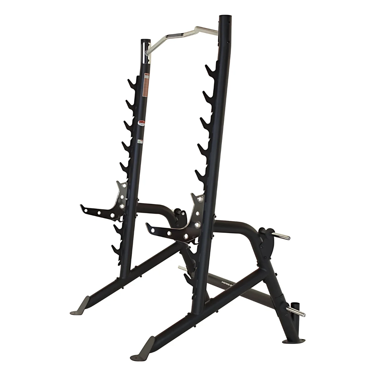 Zwarte squat rack. Voorzien van veiligheidsstangen en een stanghouder. Witte achtergrond.