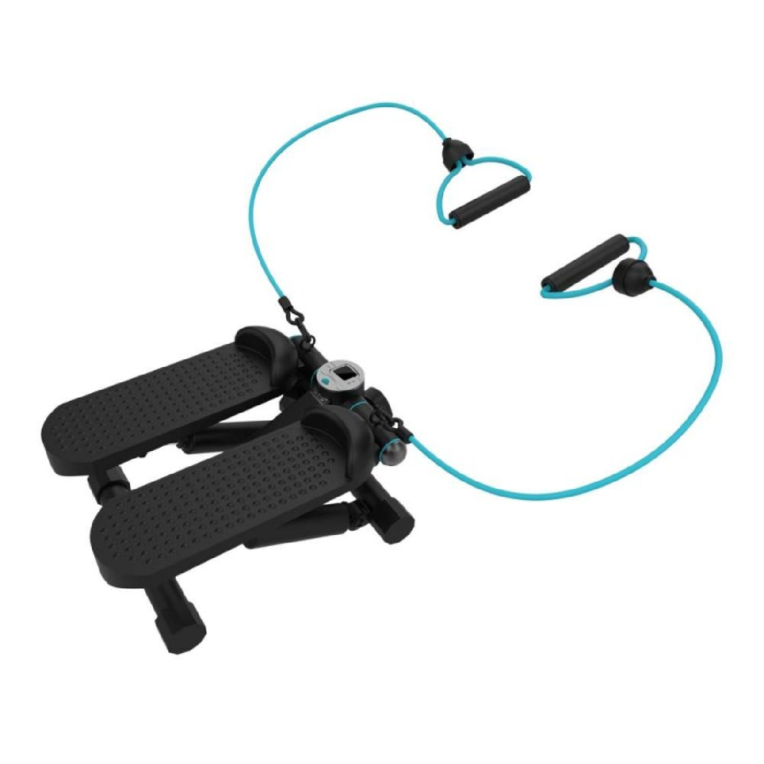 Equipo de ejercicio de stepper negro con bandas de resistencia azules y asas sobre fondo blanco.