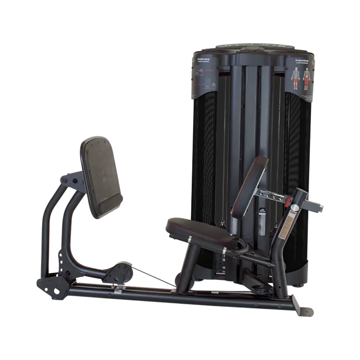 Een zwart-zilveren gewichts machine met een zitting, beenpers en een grote zwarte gewichtenstapel.