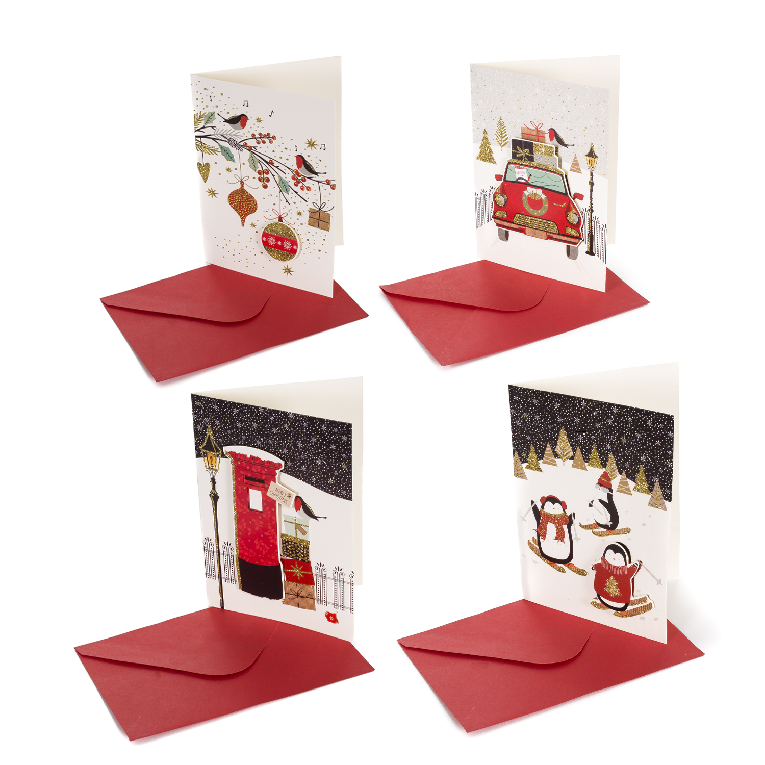 Vier Weihnachtskarten mit verschiedenen festlichen Szenen, jeweils mit rotem Umschlag.