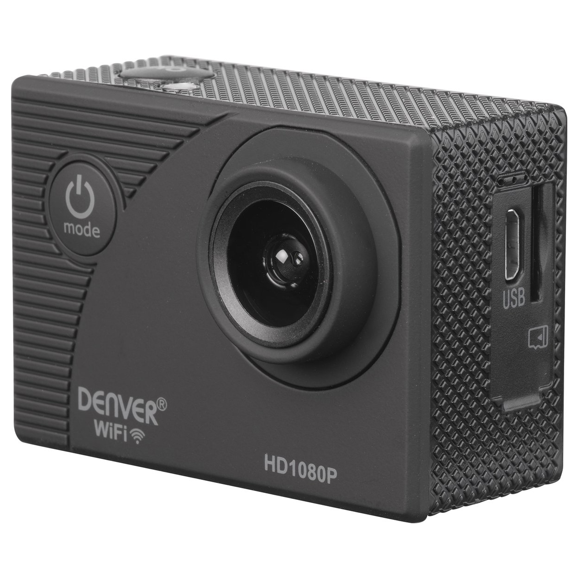 Eine schwarze Action-Kamera mit Modus-Taste, Objektiv und USB-Anschluss.