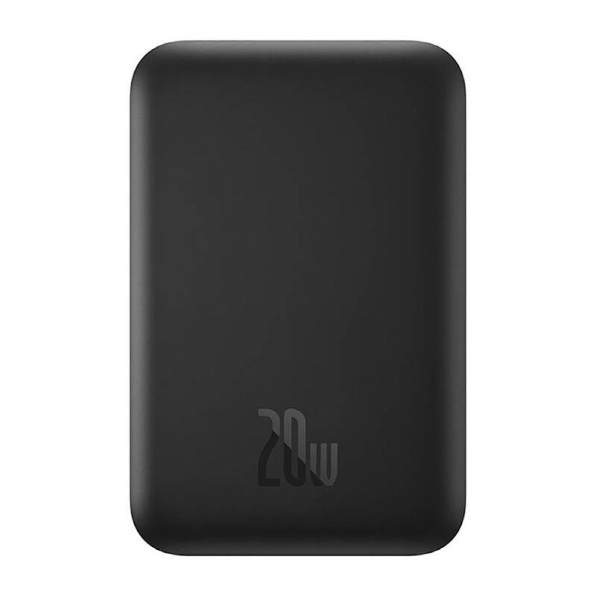 Schwarze rechteckige Powerbank mit abgerundeten Ecken. Auf der Vorderseite steht die Zahl '20w'.