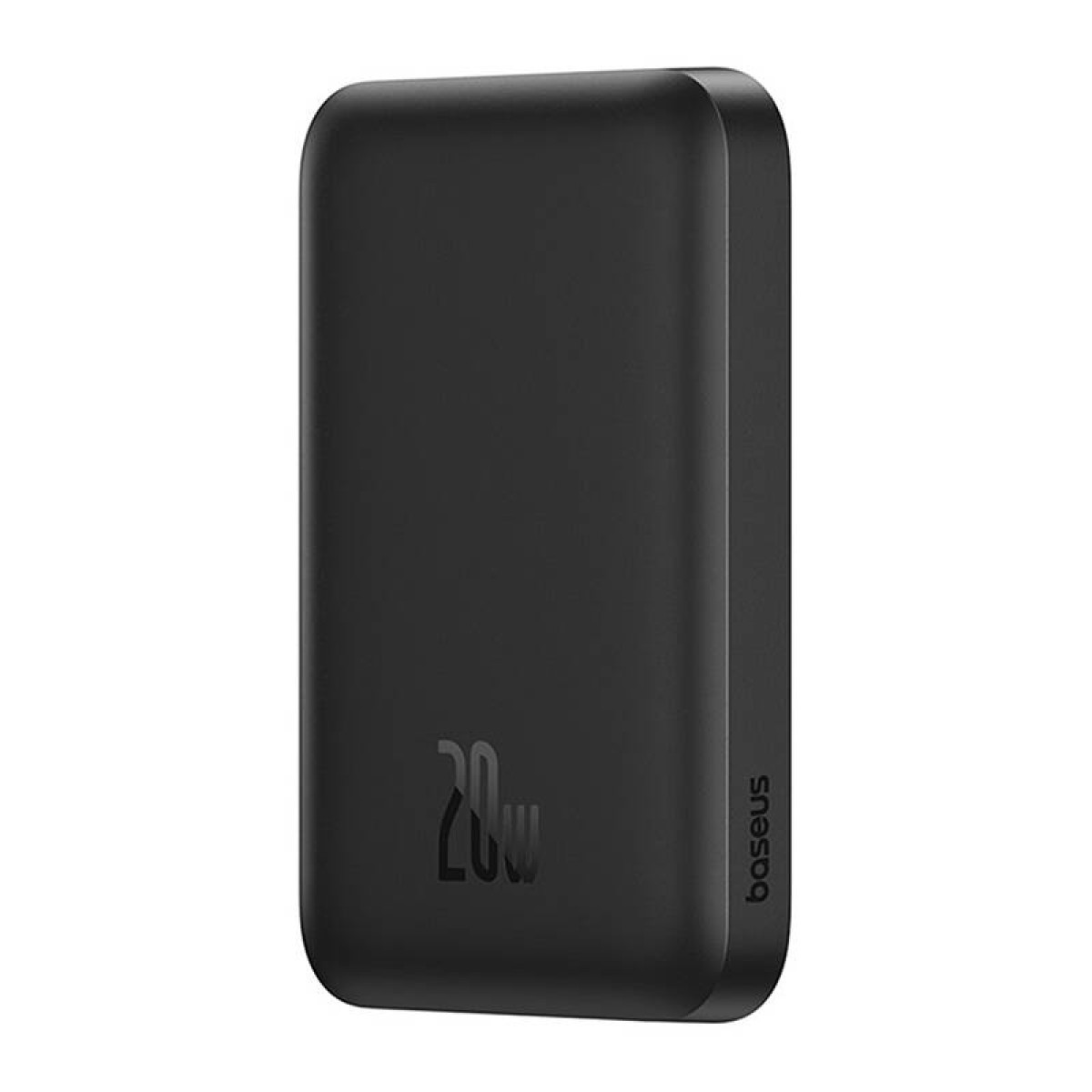 Eine schwarze, rechteckige Powerbank mit der Nummer 20w und dem Markennamen 'baseus' auf der Seite.