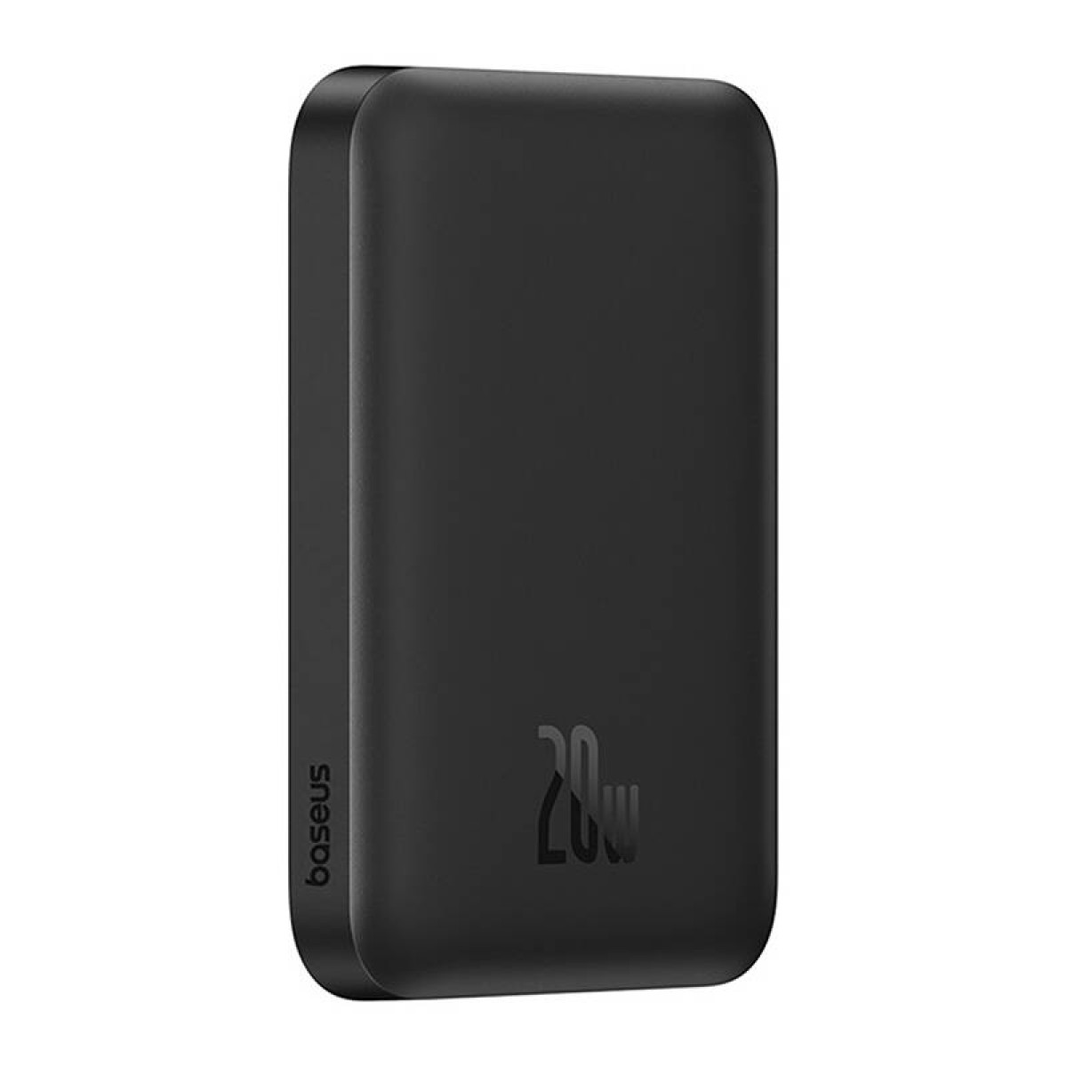 Eine schwarze Baseus 20W Powerbank. Das Gerät ist rechteckig mit abgerundeten Kanten, schwarz mit dem Text 20W.