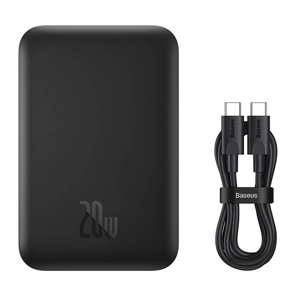 Schwarze Powerbank mit 20W-Aufkleber und Ladekabel. Marke Baseus auf dem Kabel.