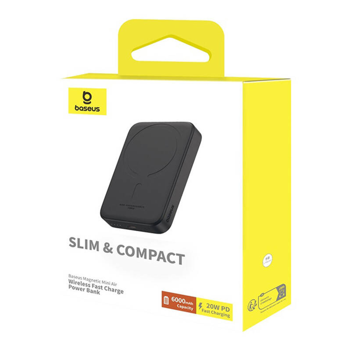 Schwarze Powerbank-Box mit Produktinformationen. Die Box ist gelb und weiß. Das Produkt ist schwarz.