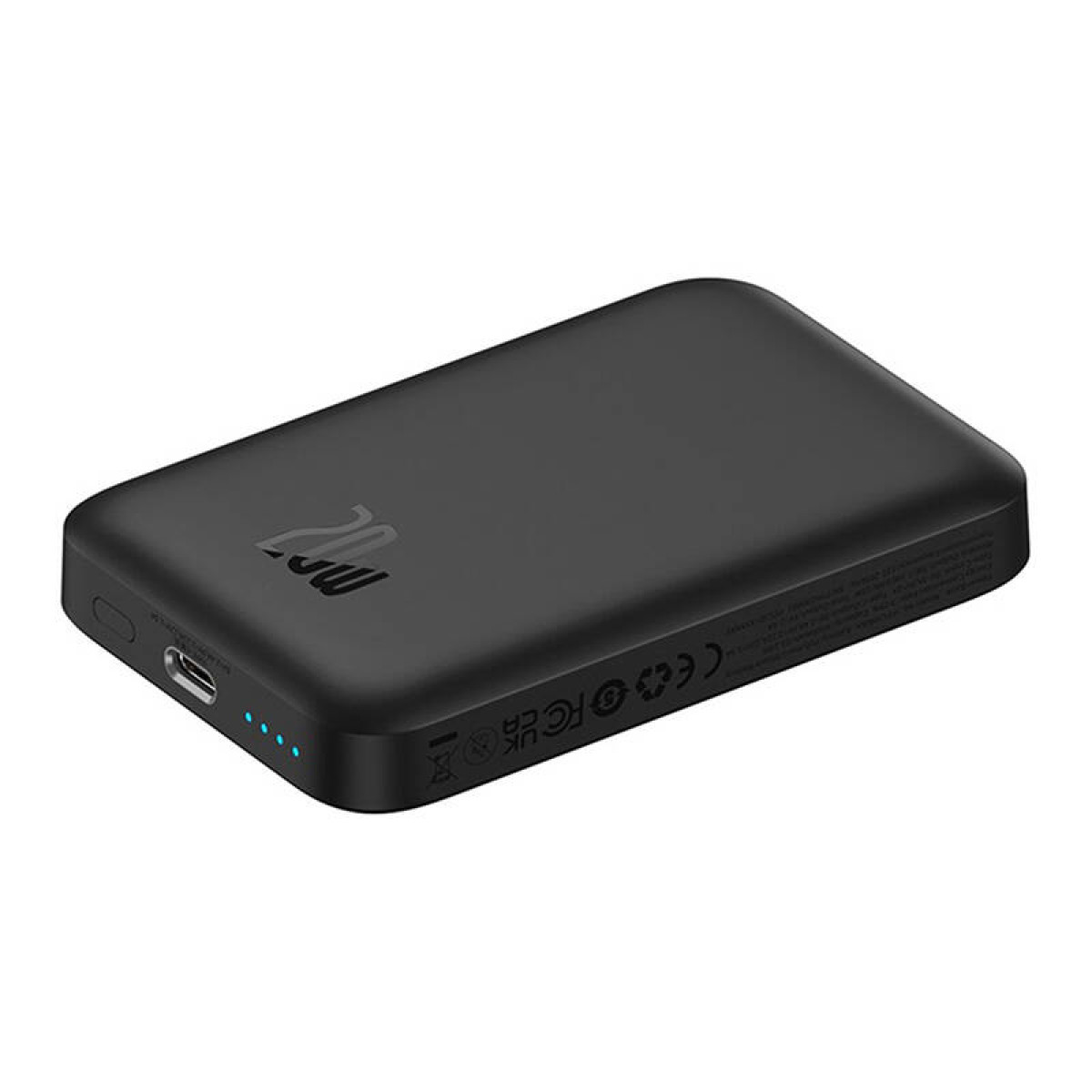 Schwarze Powerbank mit Ladeanschluss, USB-Anschlüssen und einer Betriebsanzeige.
