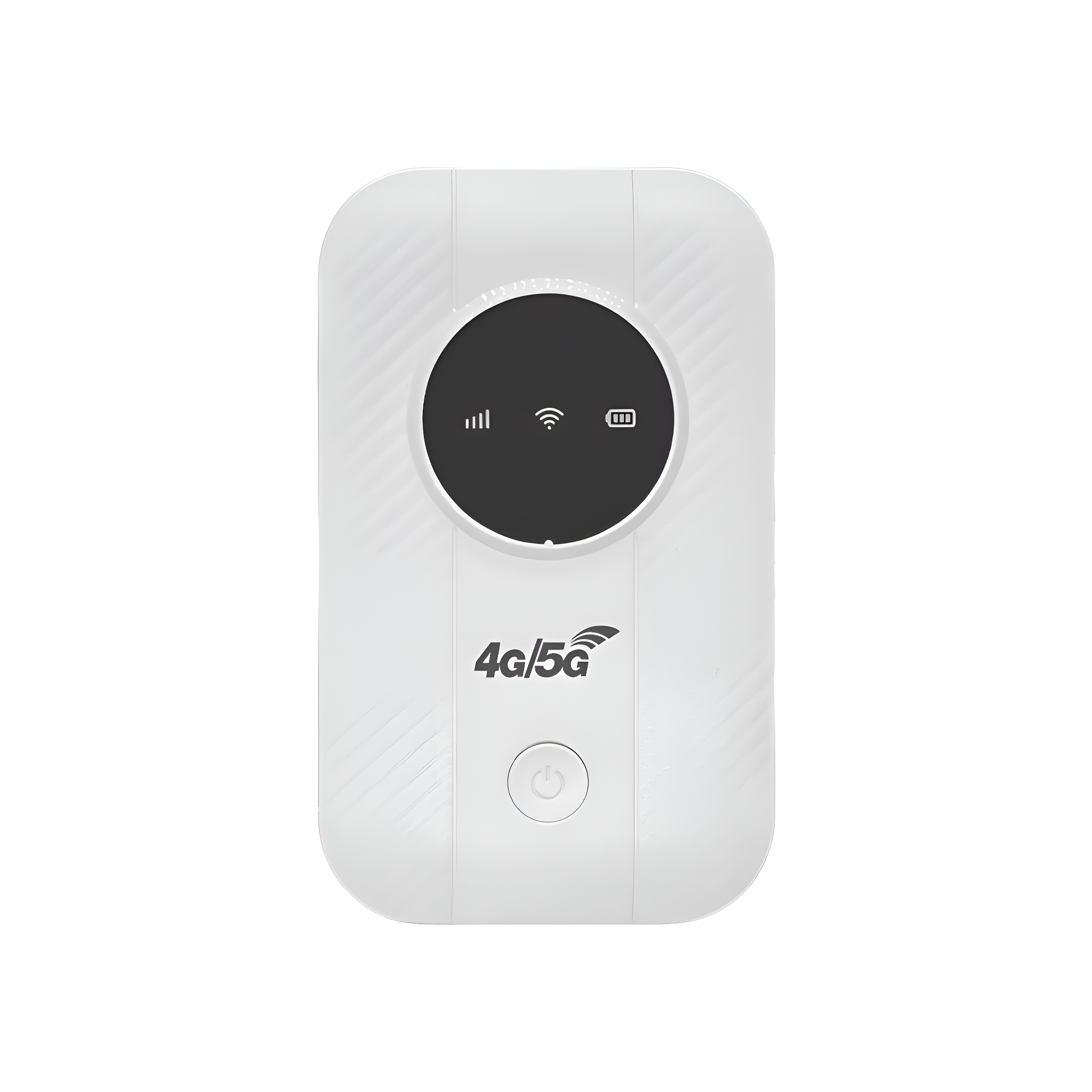 Weißer mobiler WLAN-Router 4G/5G. Schwarzer Bildschirm mit Signal-, WLAN- und Akku-Symbolen. Weißer Hintergrund.