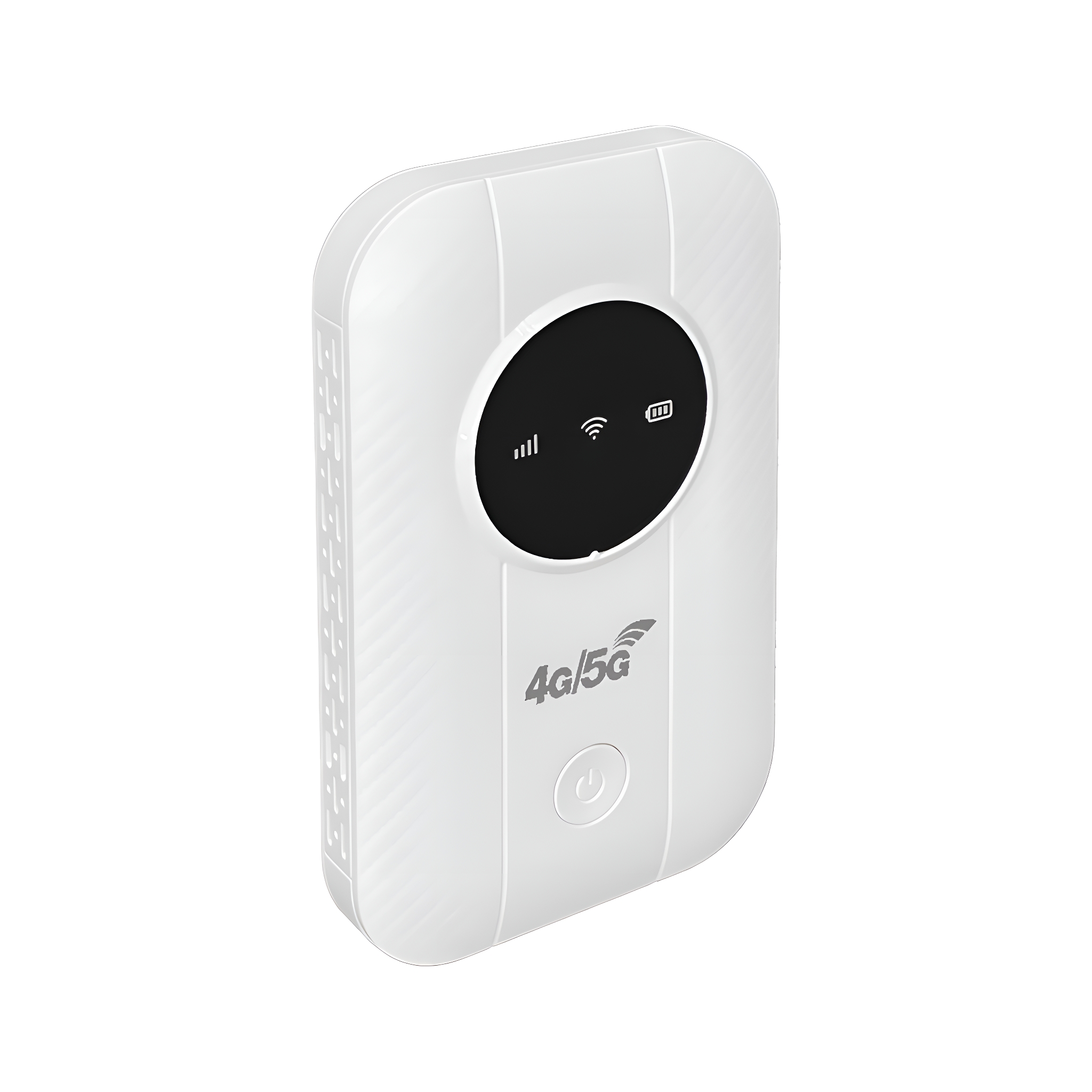 Ein weißer mobiler 4G/5G-WLAN-Router mit einem schwarzen kreisförmigen Display. Das Gerät hat unten einen Ein-/Ausschalter.