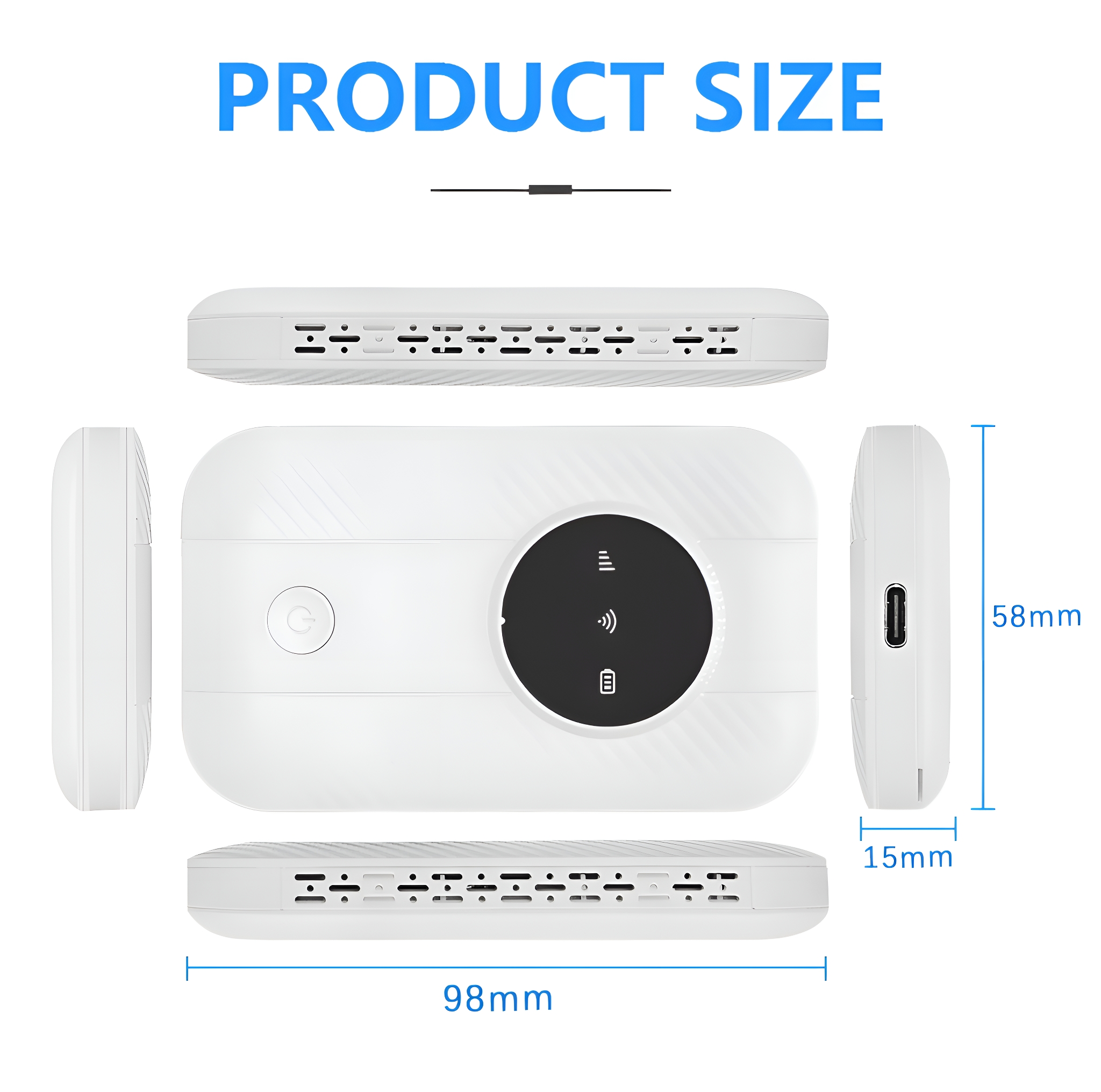 Ein weißer tragbarer Router mit angezeigten Maßen. Es zeigt verschiedene Ansichten und Abmessungen (98x58x15mm).