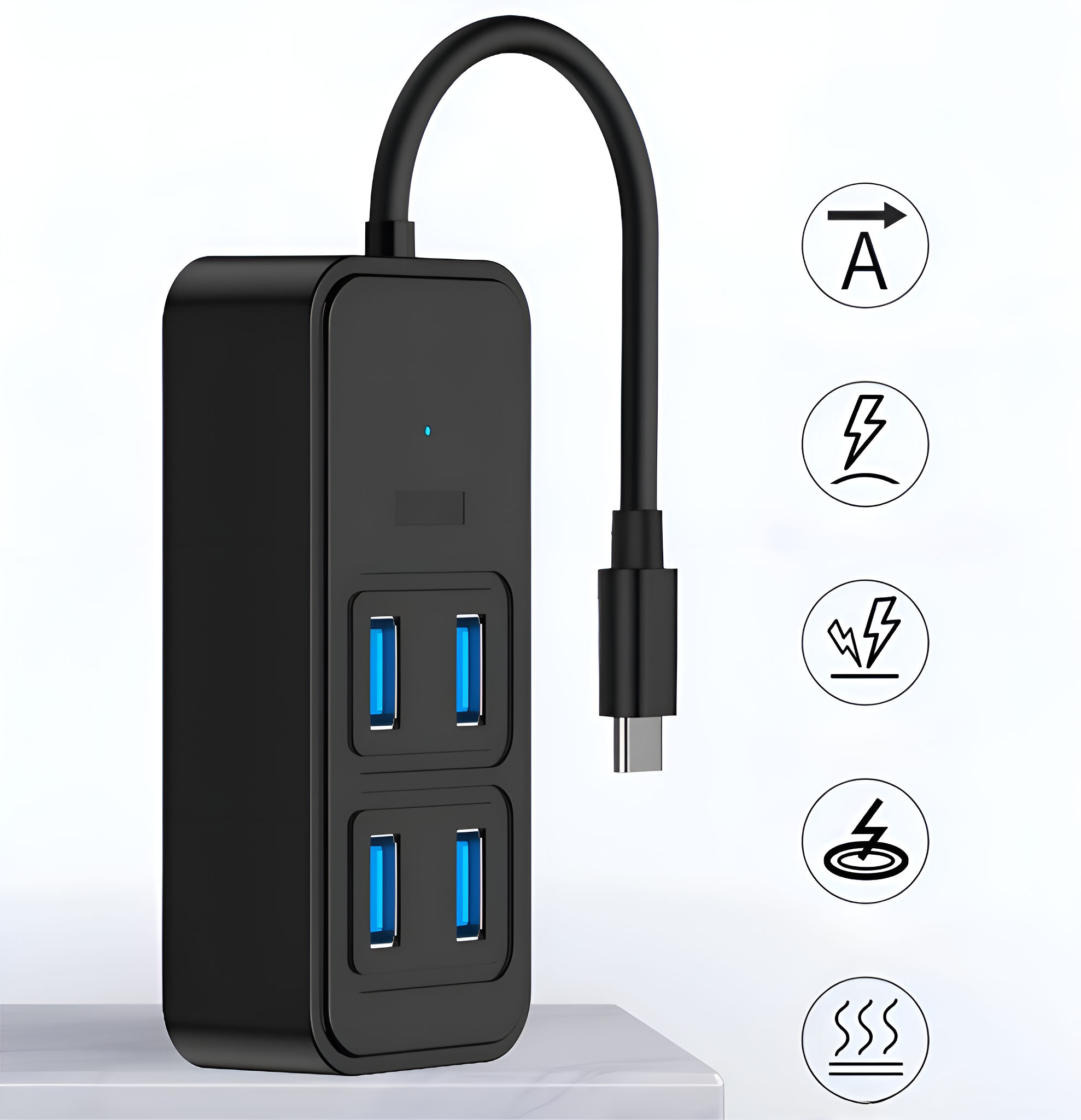 Schwarzer USB-Hub mit 4 Anschlüssen und USB-C-Kabel. Symbole für Daten, Strom und Wärme.