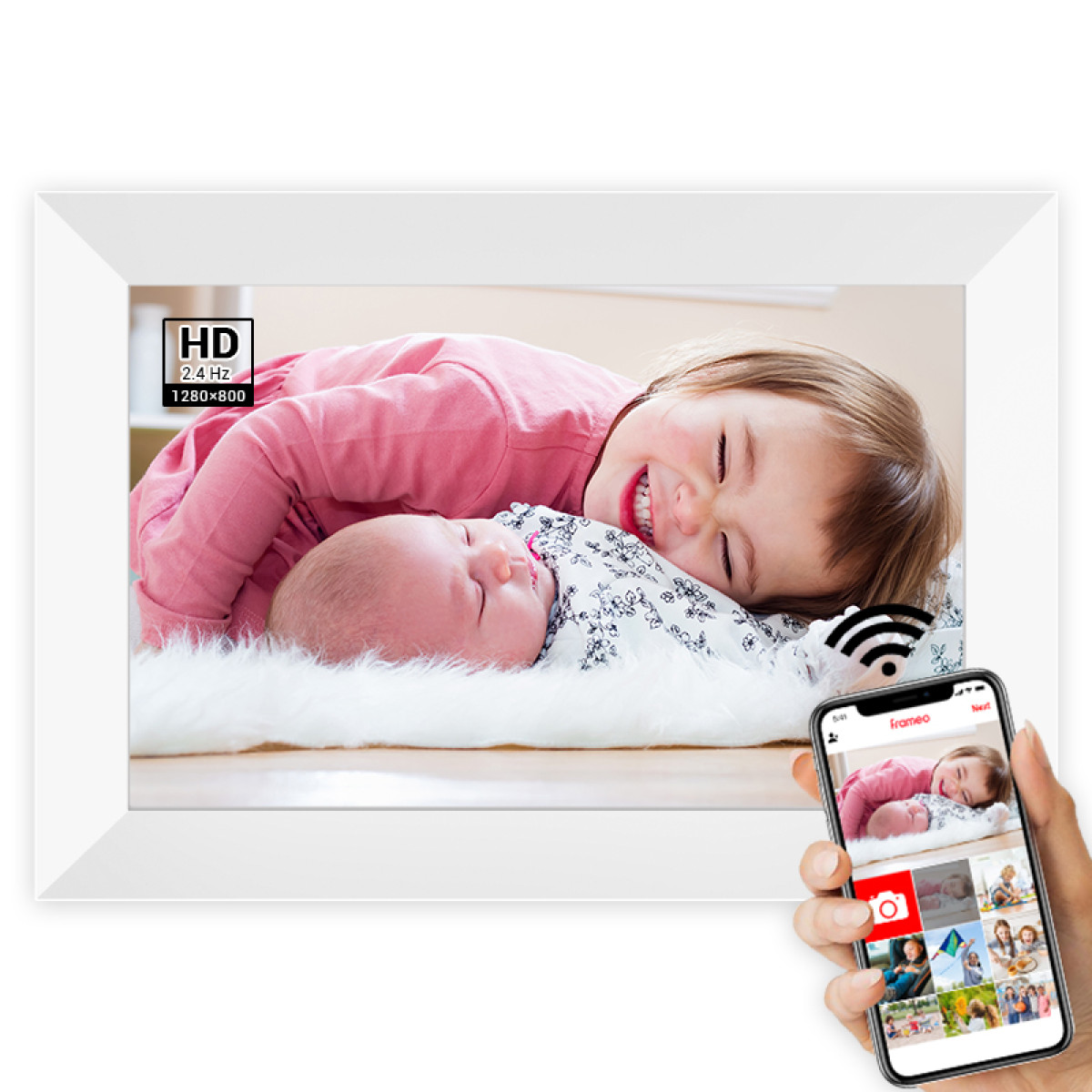 Ein digitaler Fotorahmen, der ein lächelndes Kind und ein schlafendes Baby anzeigt, mit Smartphone-Ansicht.