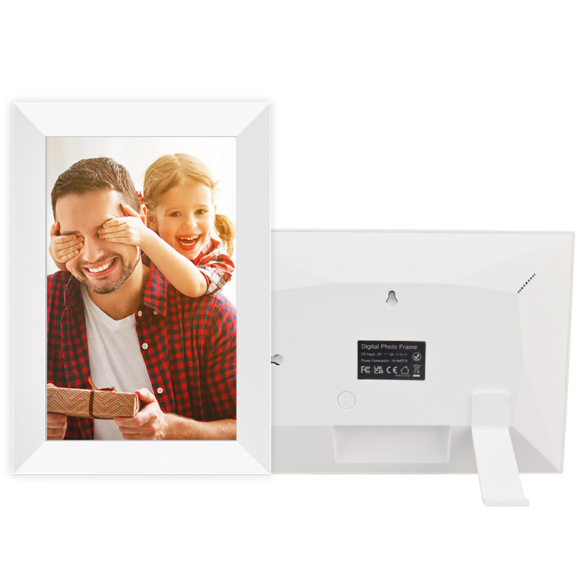 Fotorahmen mit Bild von Mann und Mädchen. Der Rahmen ist weiß.