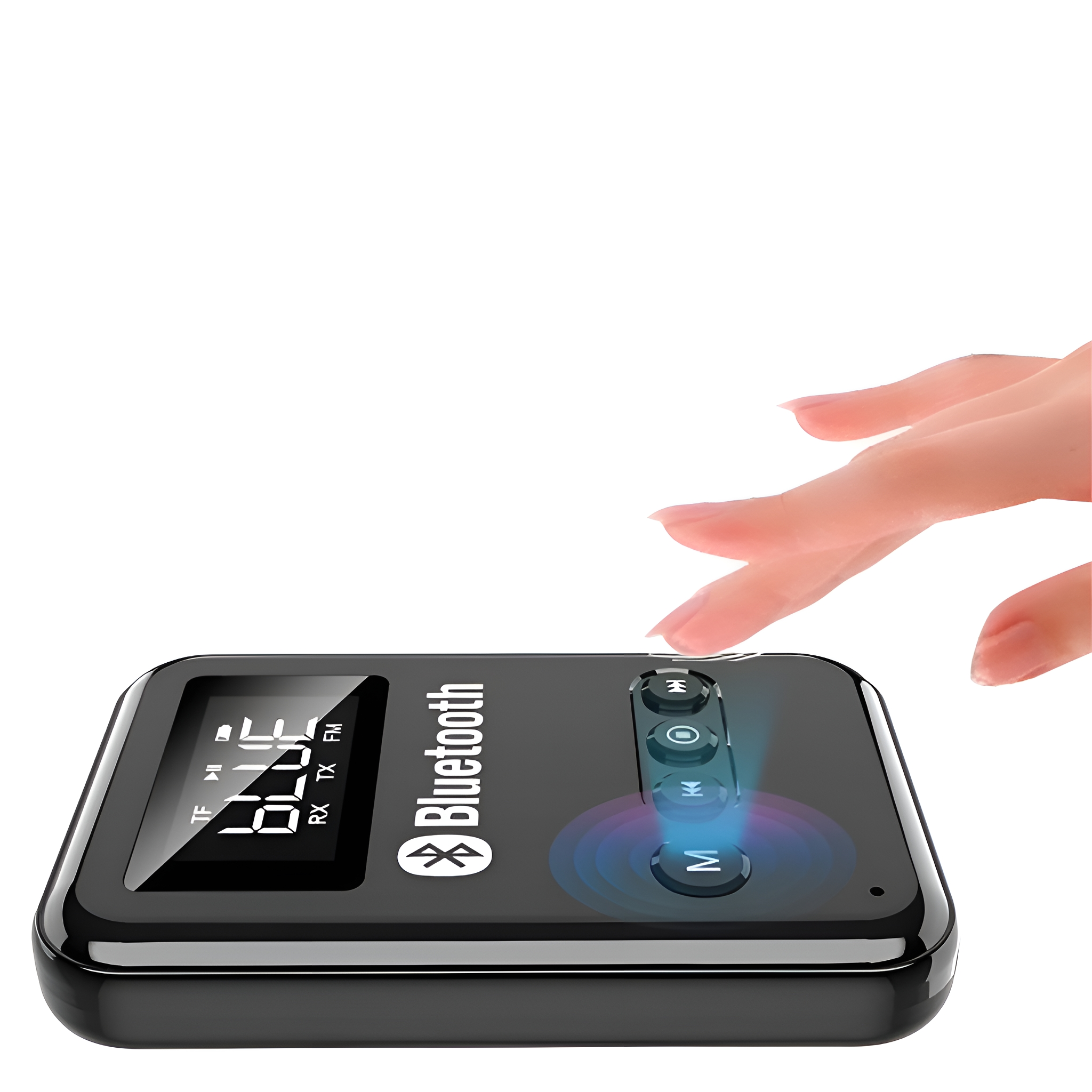 Schwarzer Bluetooth-Empfänger mit Knöpfen und Hand, die einen Knopf berührt, weißer Hintergrund.