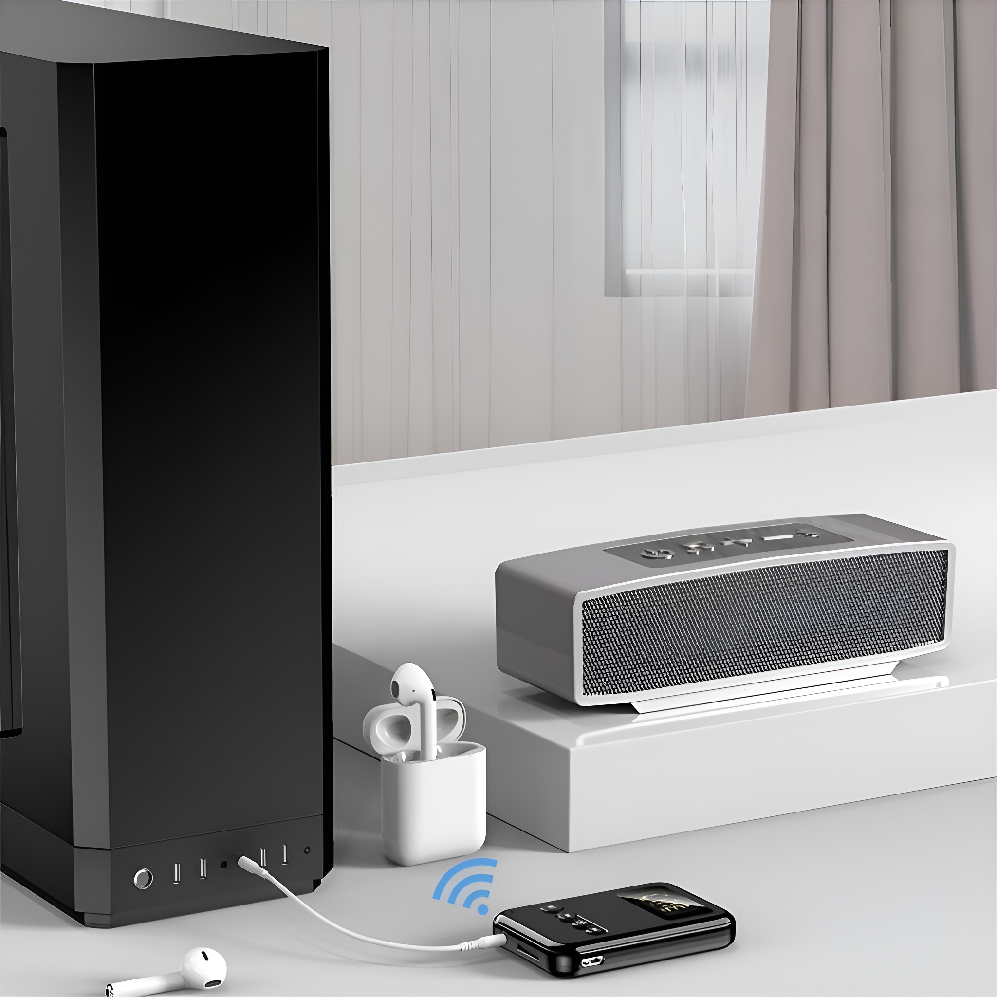Ein modernes Audiosystem mit Lautsprecher, kleinem Mediaplayer und kabellosen Ohrhörern.