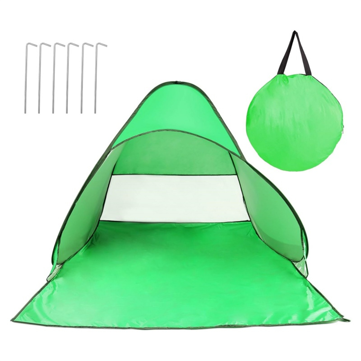 Grünes Pop-up-Strandzelt mit Heringen und Tragetasche. Weißer Hintergrund.