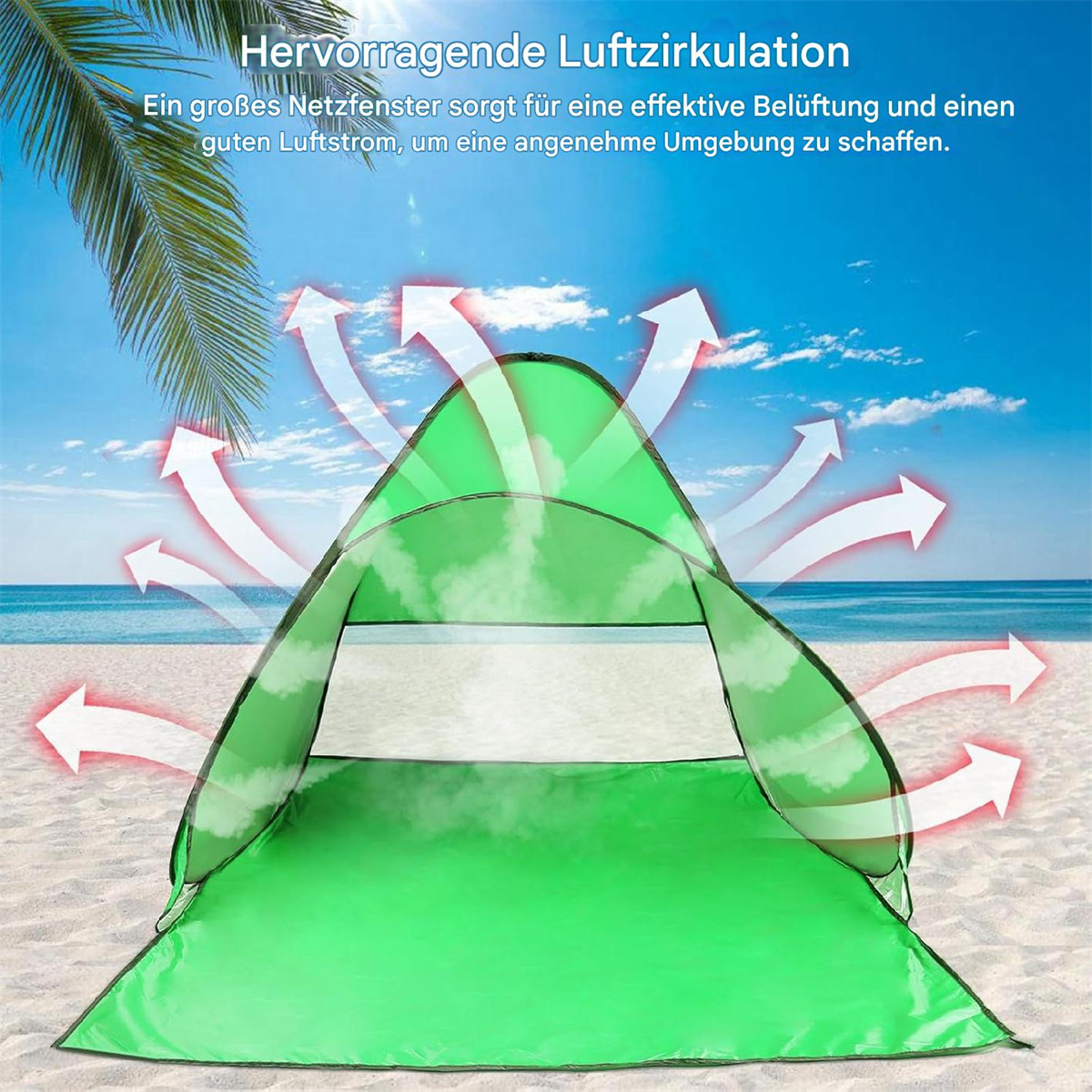 Grünes Pop-up-Strandzelt auf Sand. Weiße Pfeile zeigen den Luftstrom.